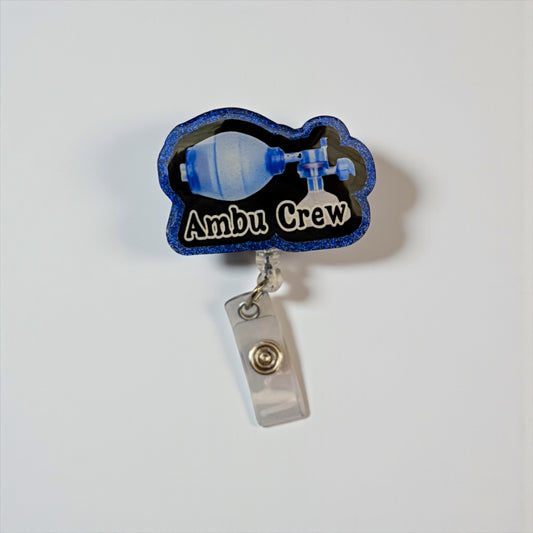 Ambu Crew Badge Reel – Respiratory Therapist Gift, ER Nurse ID Holder, ICU Badge Reel, Funny Medical Badge, Glitter Retractable Reel
