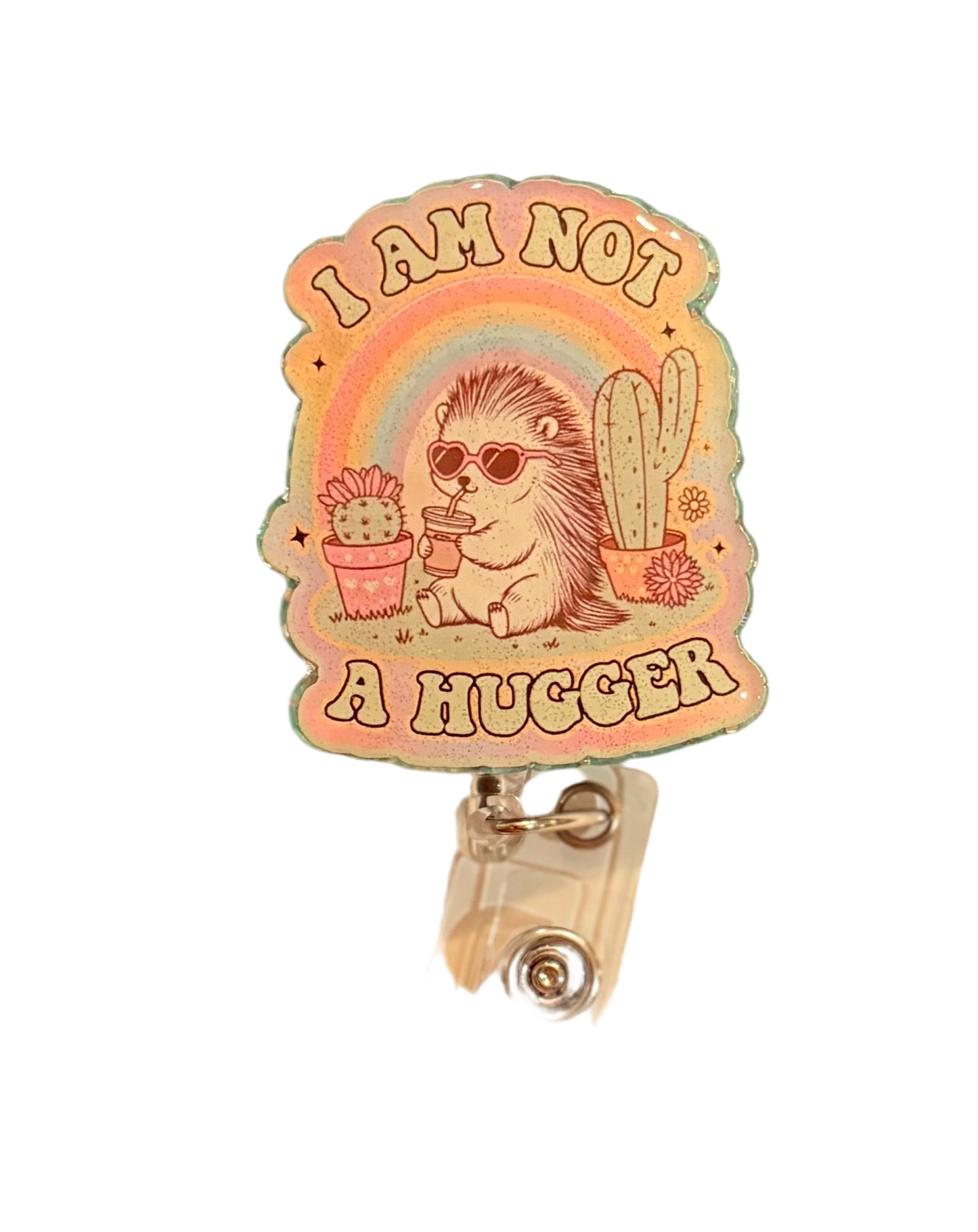 I Am Not a Hugger Badge Reel – Cute Hedgehog Cactus Rainbow ID Holder