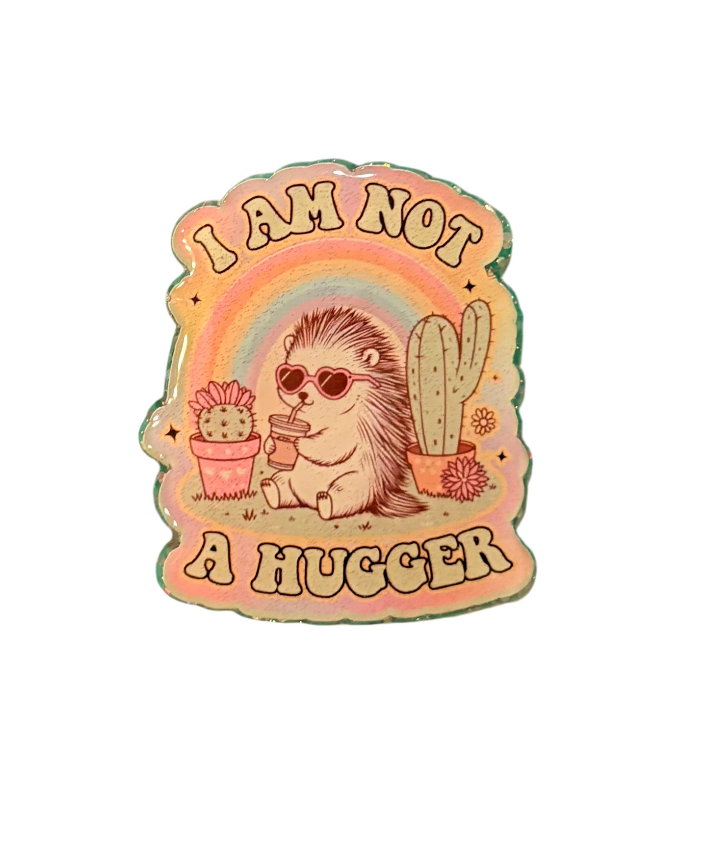 I Am Not a Hugger Badge Reel – Cute Hedgehog Cactus Rainbow ID Holder