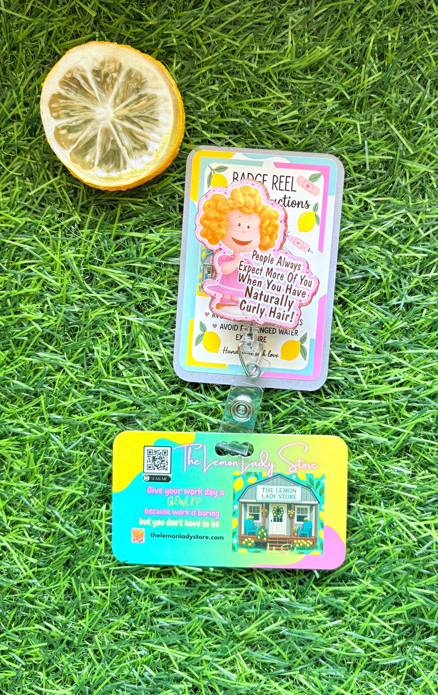 Curly Hair Humor Badge Reel – Cute Retractable ID Holder for Nurses & Professionals