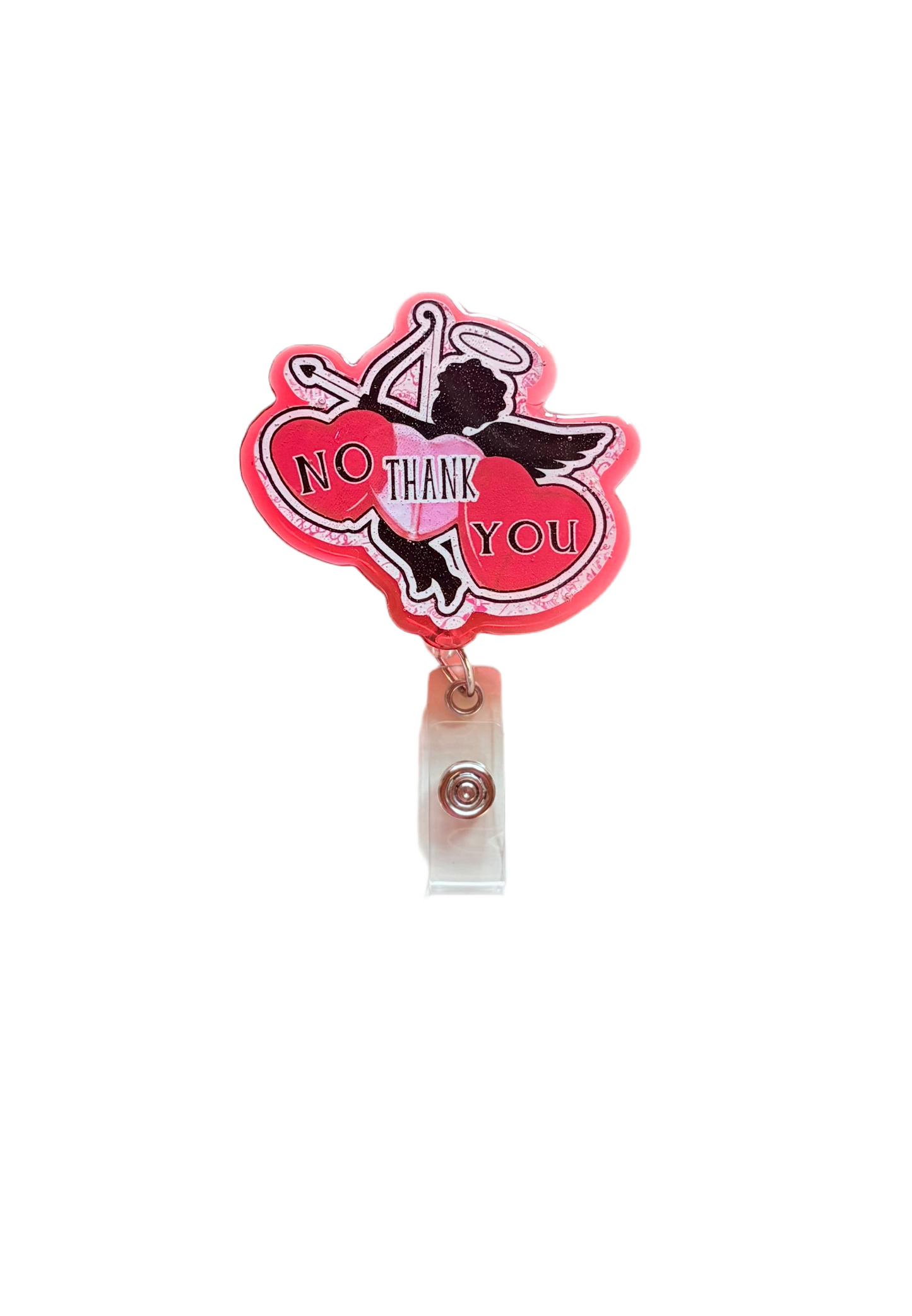 No Thank You Cupid Badge Reel – Funny Anti-Valentine’s Day Retractable ID Holder