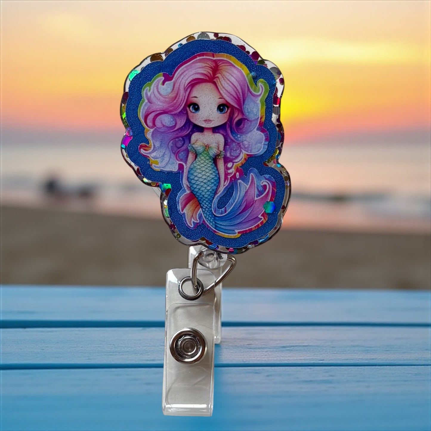 Mermaid Badge Reel β Cute Glitter Mermaid ID Holder, Ocean-Inspired Nurse & Teacher Badge Clip