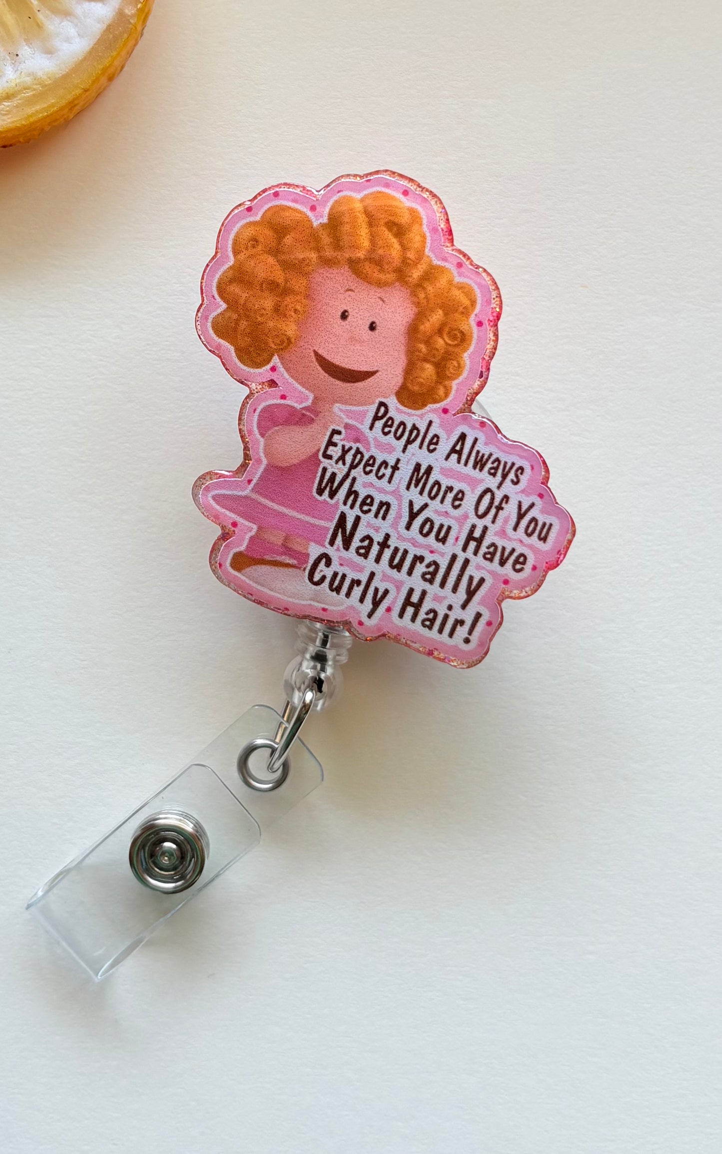 Curly Hair Humor Badge Reel – Cute Retractable ID Holder for Nurses & Professionals