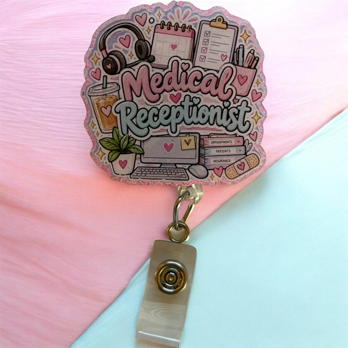 Medical Receptionist Badge Reel – Cute Retractable ID Holder for Healthcare Front Desk Staff