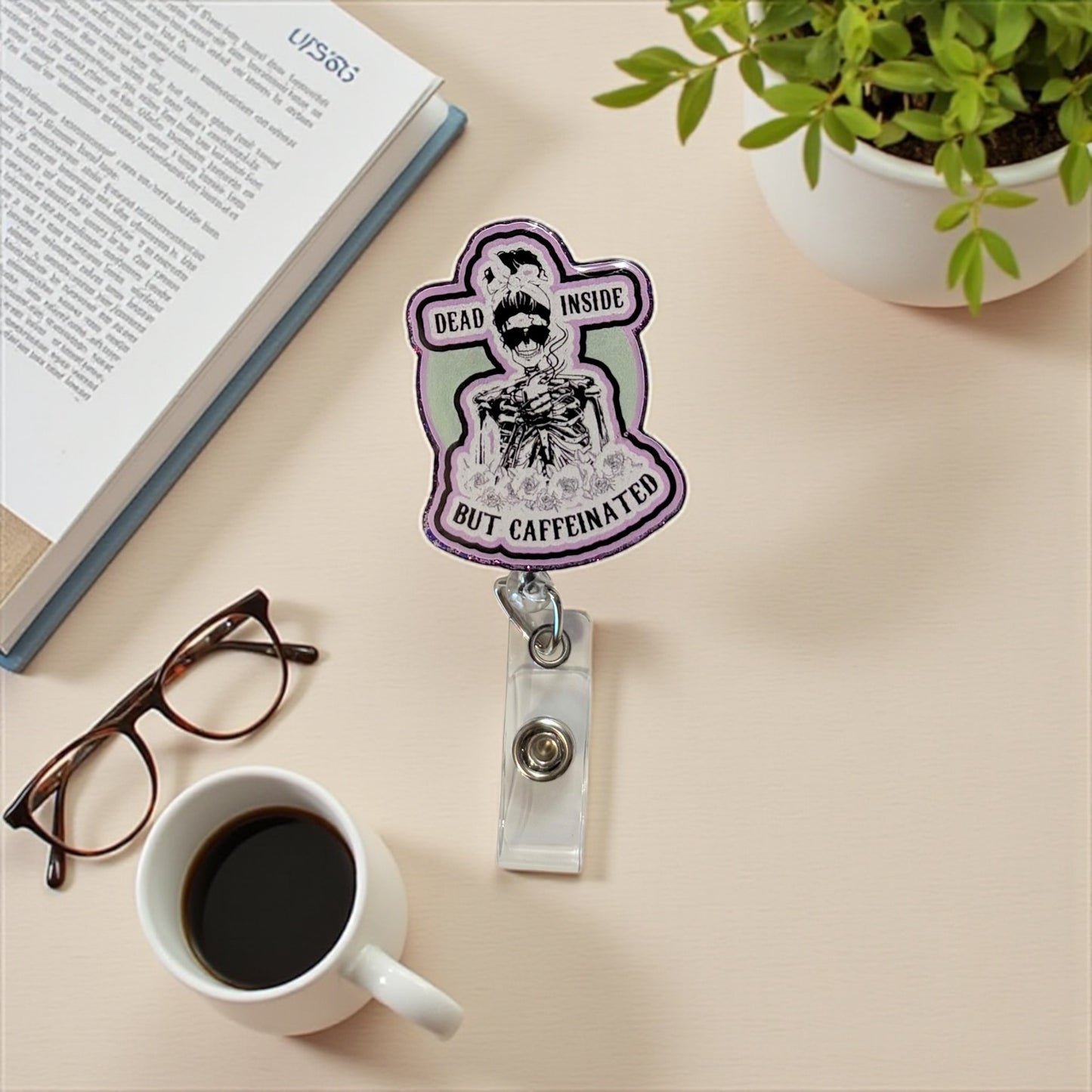 Dead Inside but Caffeinated Badge Reel – Funny Nurse ID Clip | Coffee Lover Work Badge | Caffeine Addict Gift for Healthcare & Office Staff