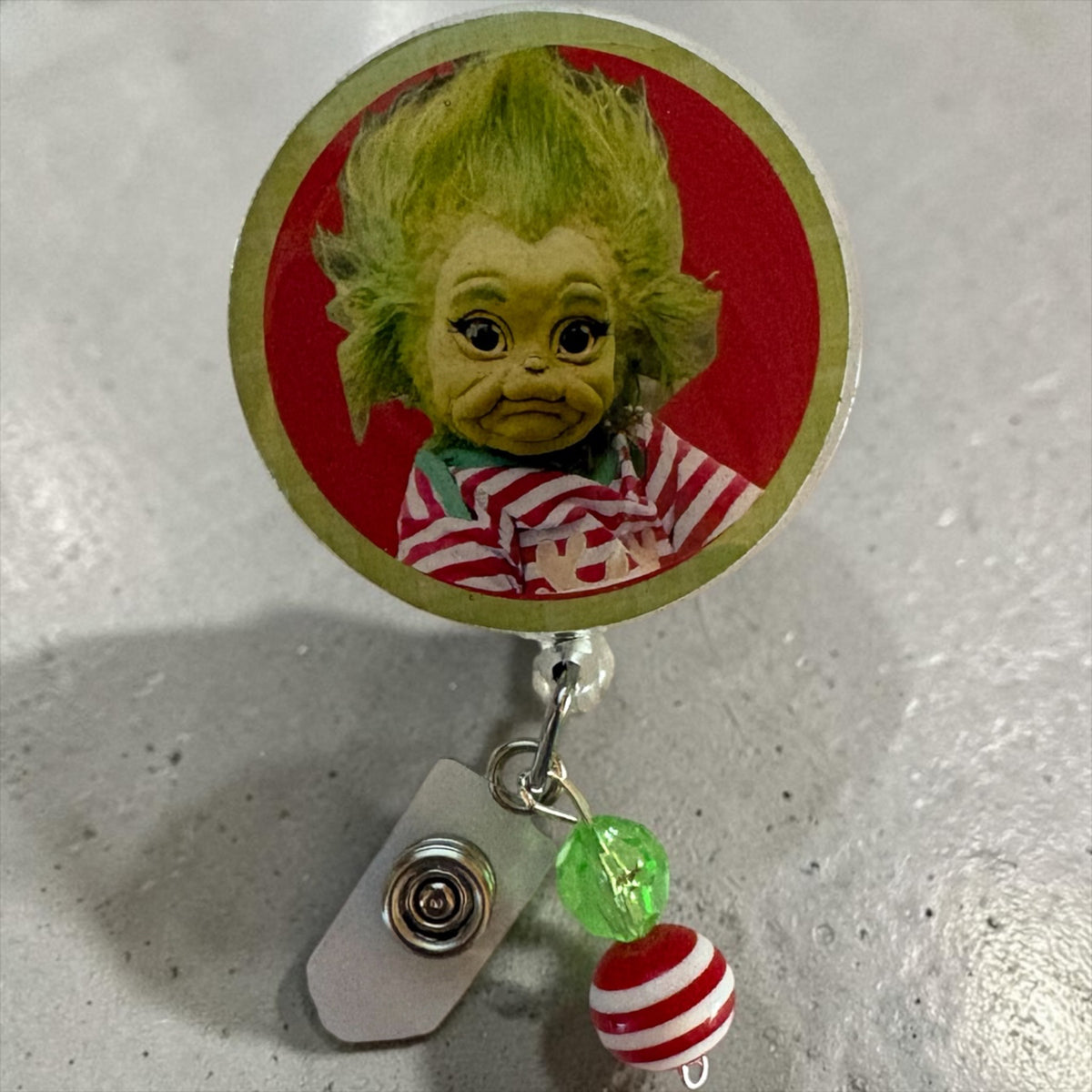Baby Grinch Retractable Badge Reel – Whimsical Green Furry Holiday ID Badge Holder for Nurses, Teachers & Healthcare Workers
