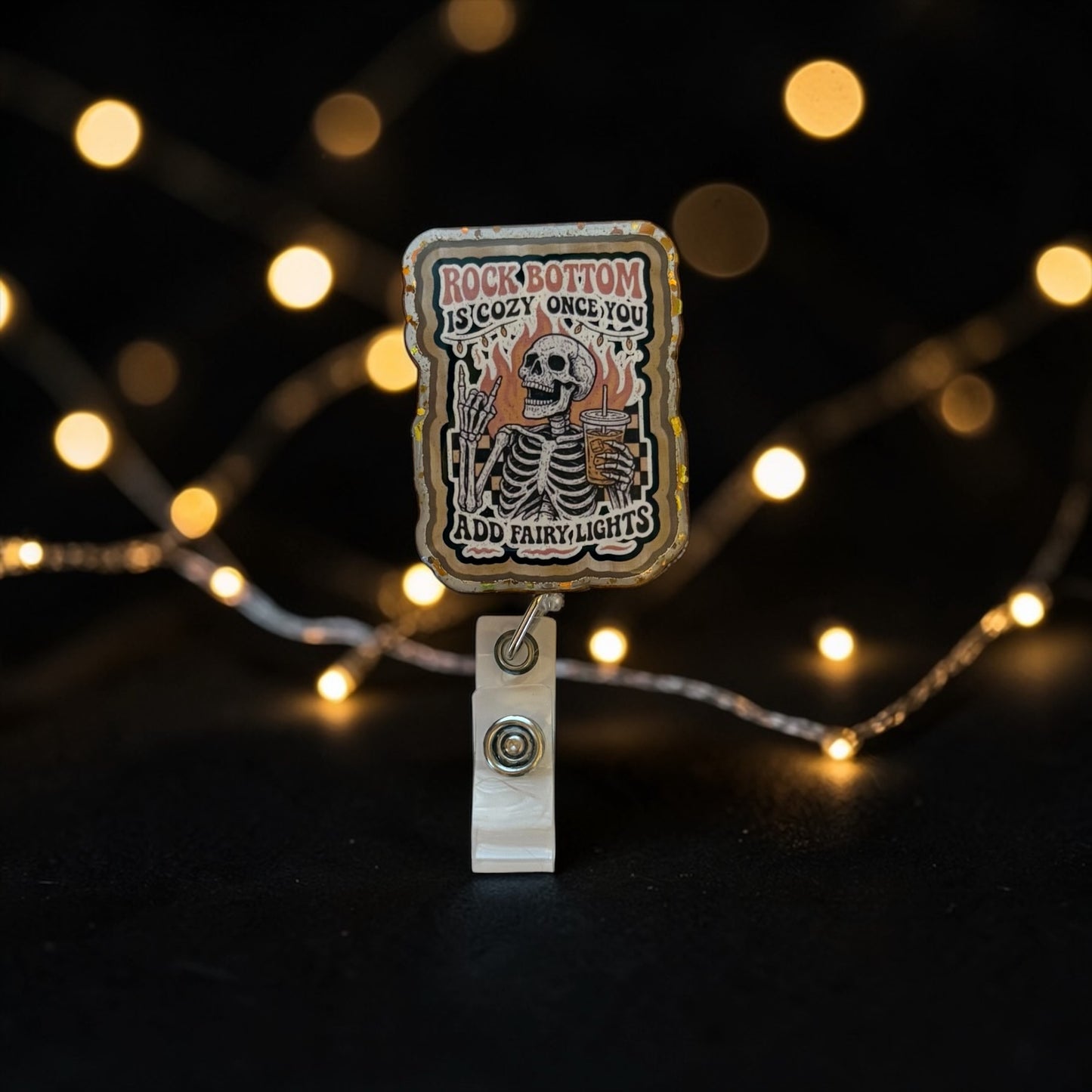 Rock Bottom Is Cozy Badge Reel – Skeleton Fairy Lights Dark Humor Retractable ID Holder