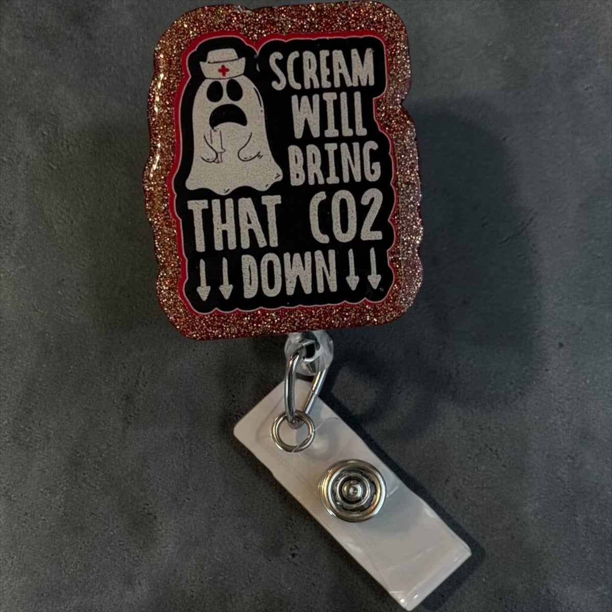 👻 “Scream Will Bring That CO2 Down” Ghost Nurse Badge Reel – Funny Halloween ID Holder