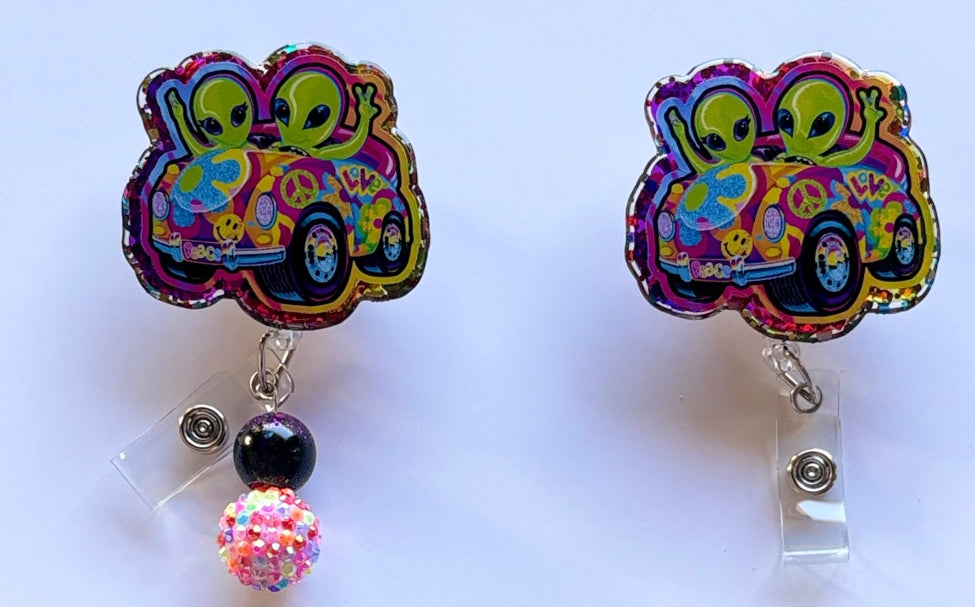 Groovy Alien Car Badge Reel – Funky Retro ID Holder | Nurse & Teacher Badge Clip