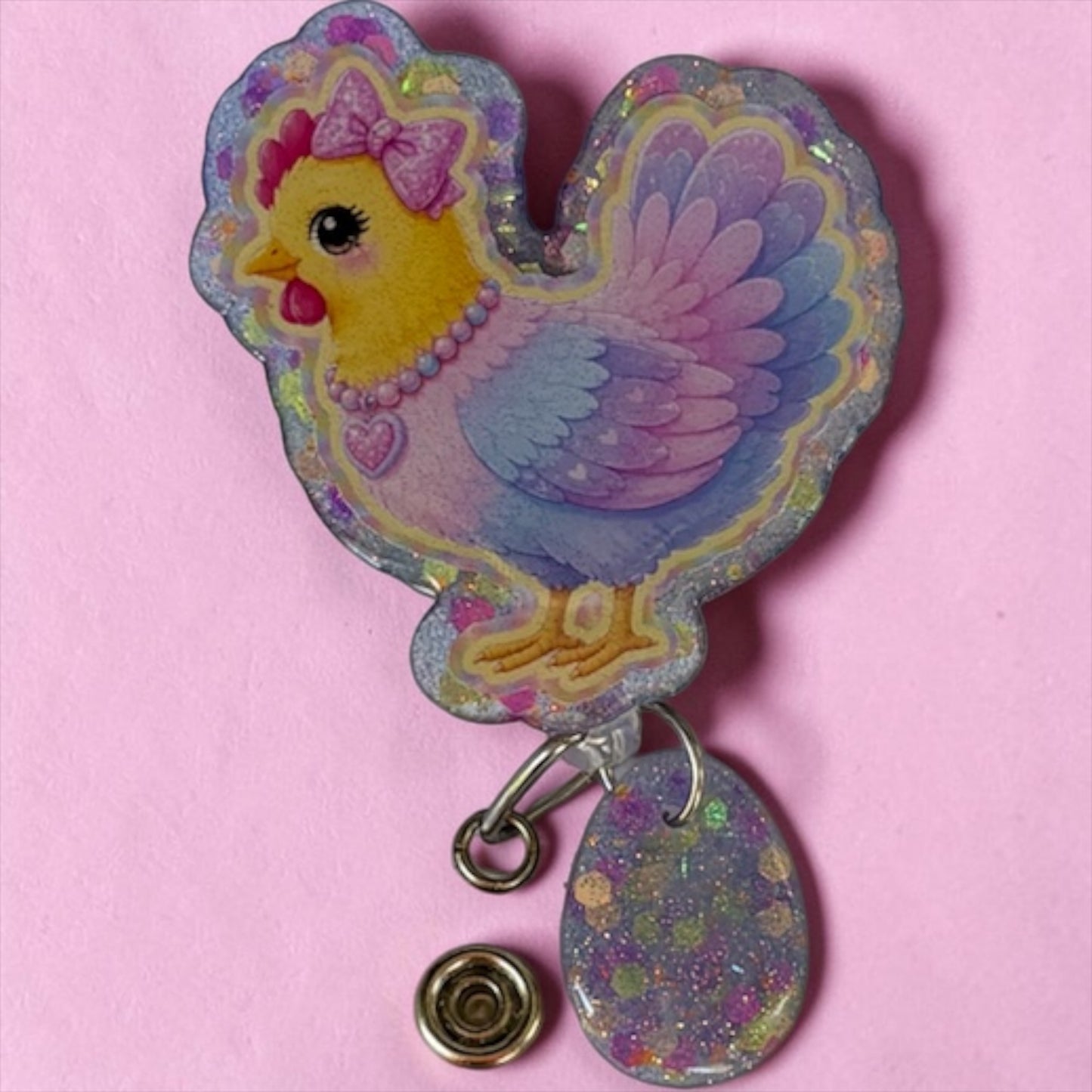Pastel Glitter Chicken Badge Reel – Cute Girly Nurse Badge Holder