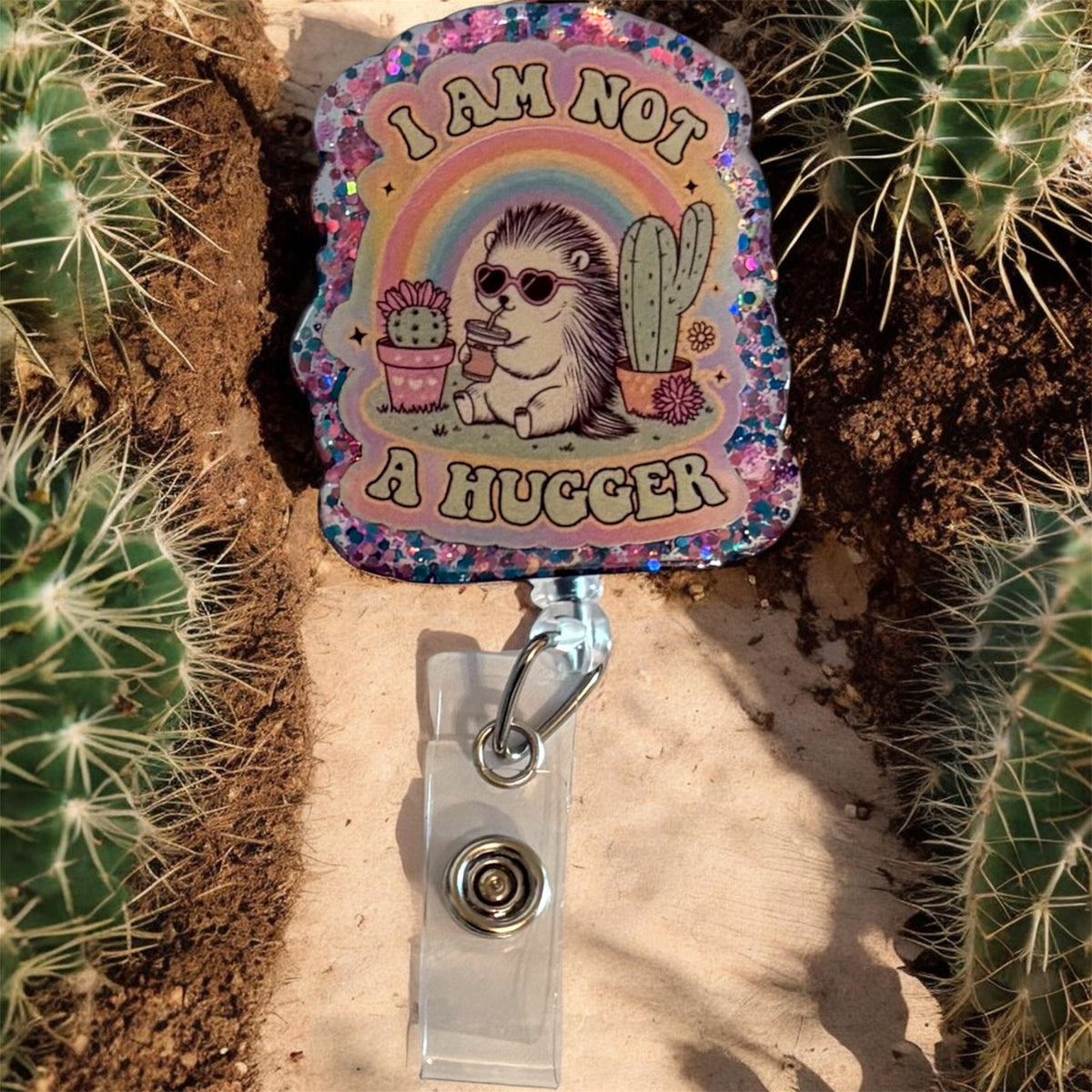 I Am Not a Hugger Badge Reel – Cute Hedgehog Cactus Rainbow ID Holder