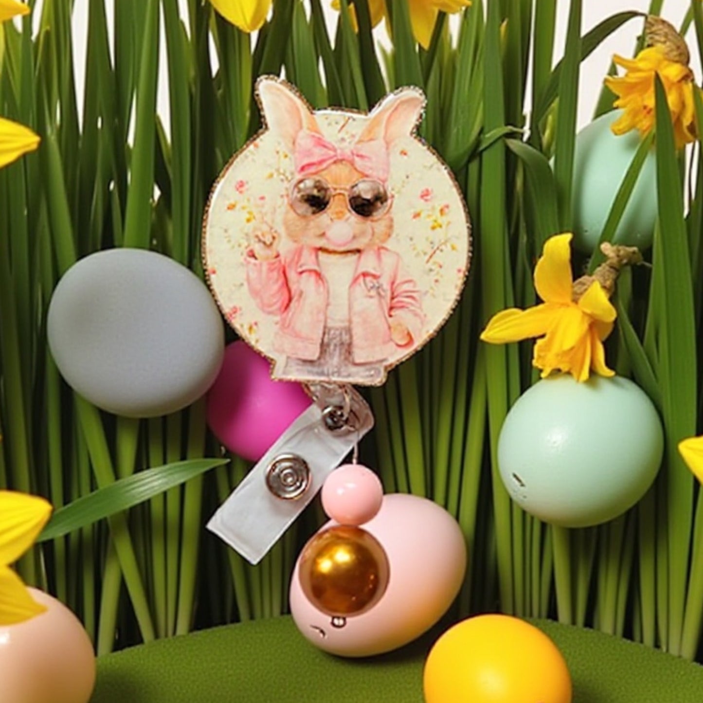 Cool Bunny Easter Badge Reel – Pink Jacket Bunny Nurse ID Holder