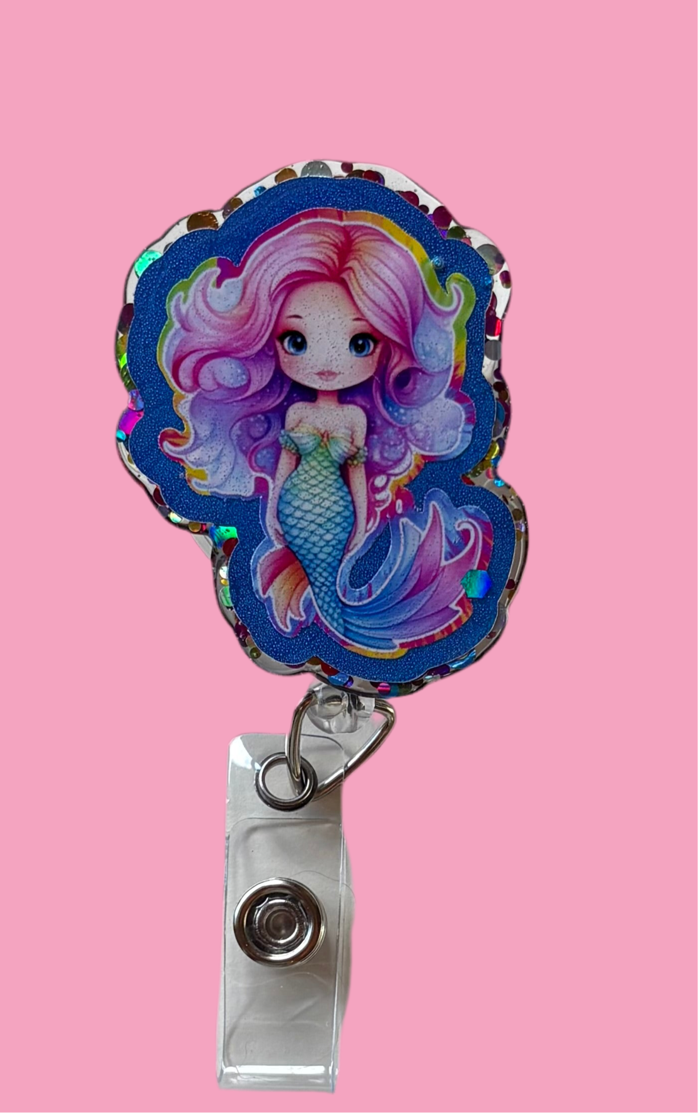 Mermaid Badge Reel β Cute Glitter Mermaid ID Holder, Ocean-Inspired Nurse & Teacher Badge Clip