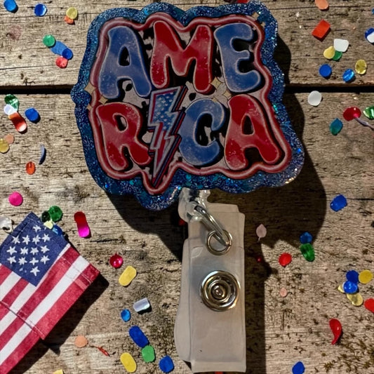America Patriotic Badge Reel – Red, White & Blue Glitter Healthcare ID Badge Holder
