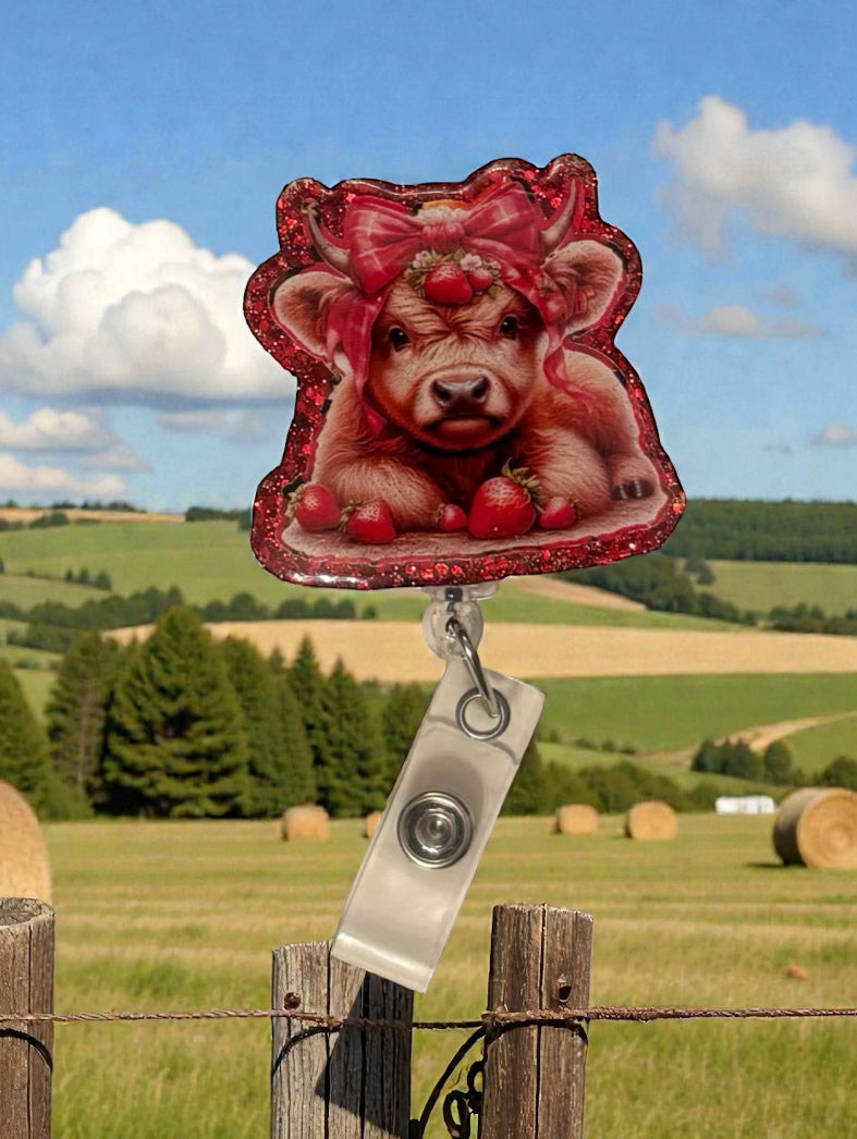 Strawberry Cow Badge Reel, Cute Cow Badge Reel