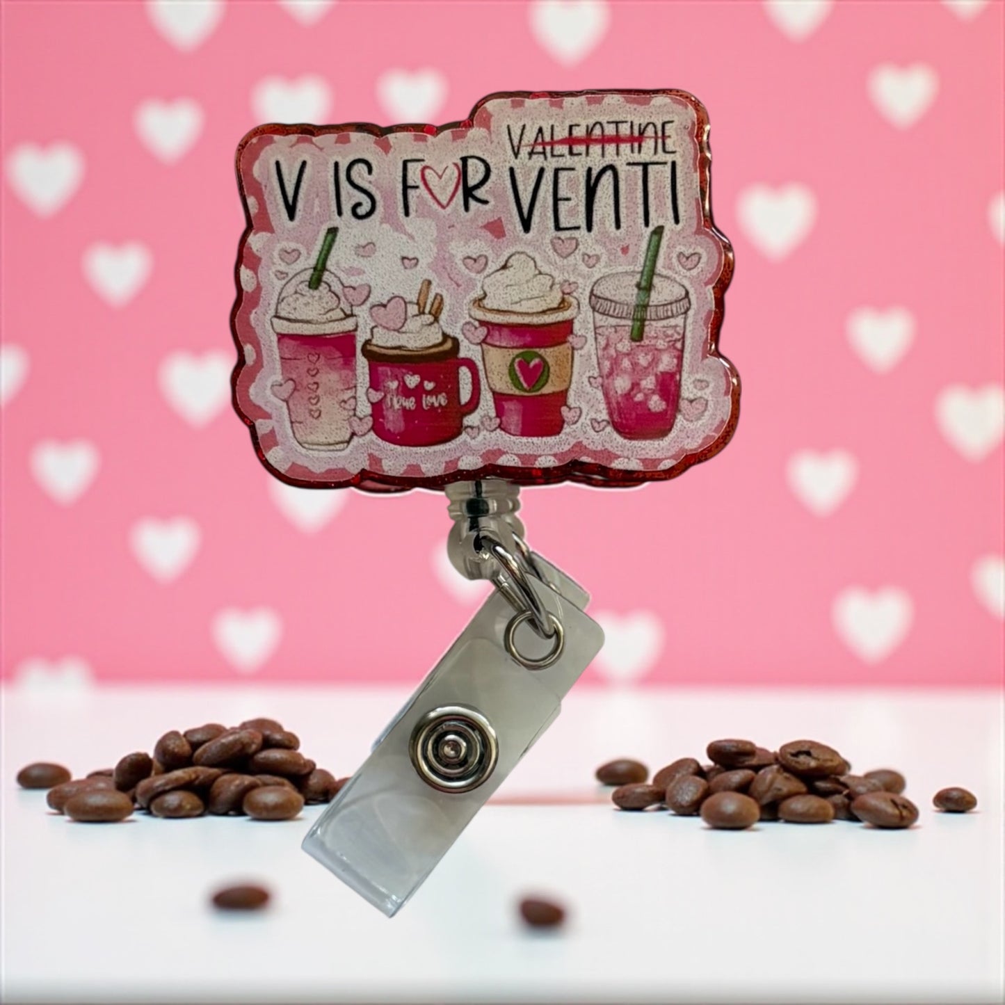 Valentine Coffee Badge Reel – “V is for Venti” Heart Latte ID Holder