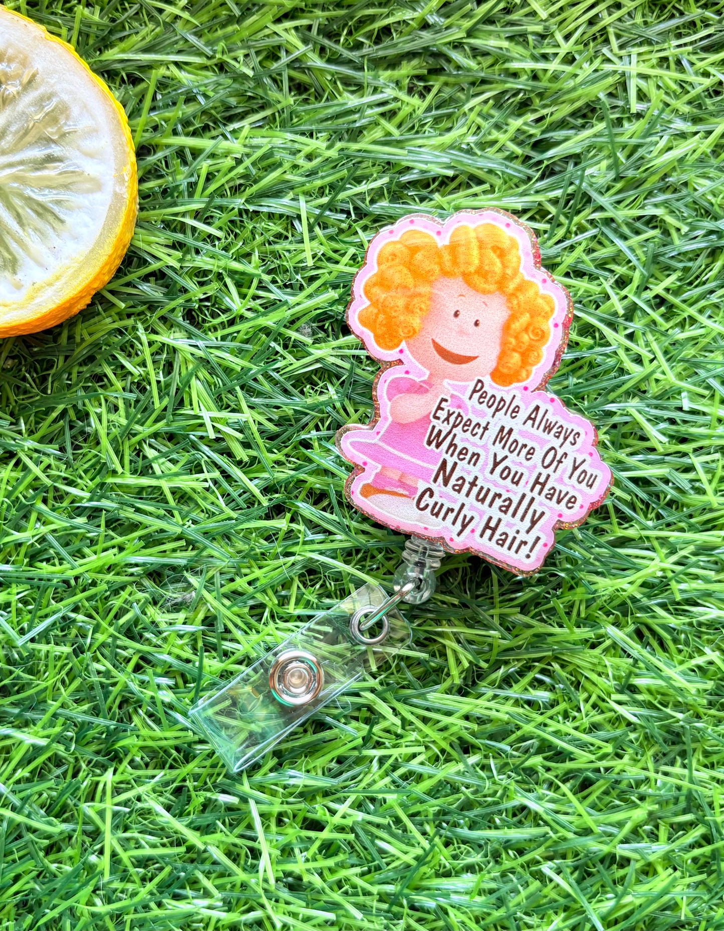 Curly Hair Humor Badge Reel – Cute Retractable ID Holder for Nurses & Professionals