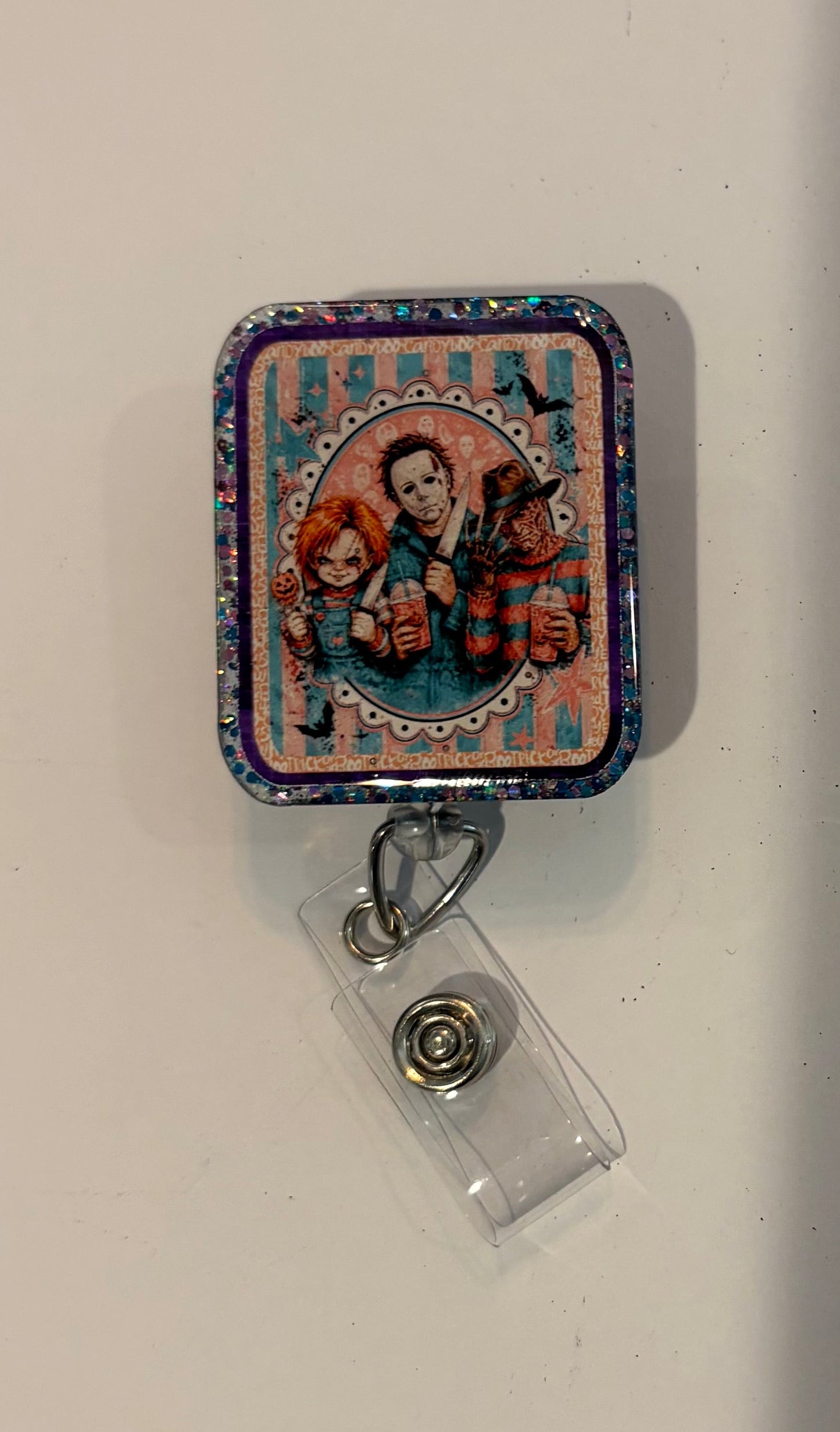 Vintage Horror Movie Trio Glitter Badge Reel | Halloween Retractable ID Badge Holder | Handmade Spooky Badge Reel