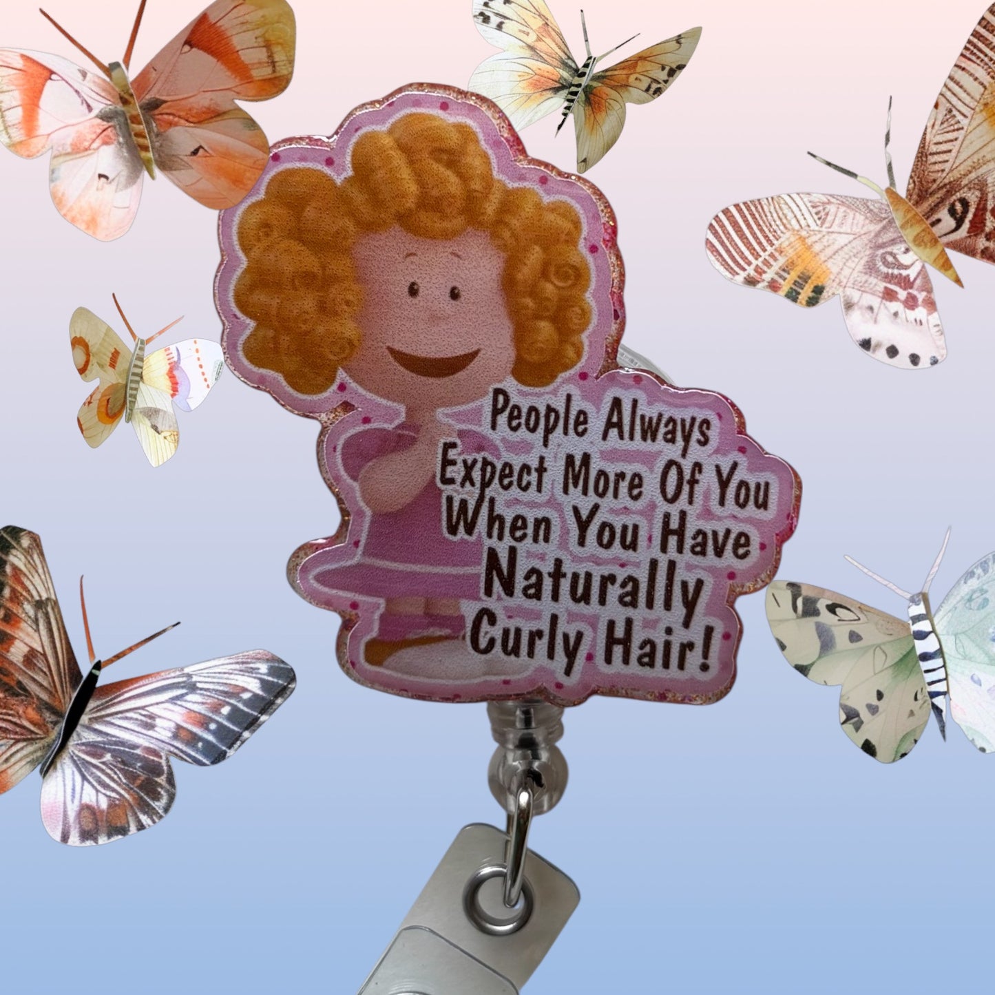 Curly Hair Humor Badge Reel – Cute Retractable ID Holder for Nurses & Professionals