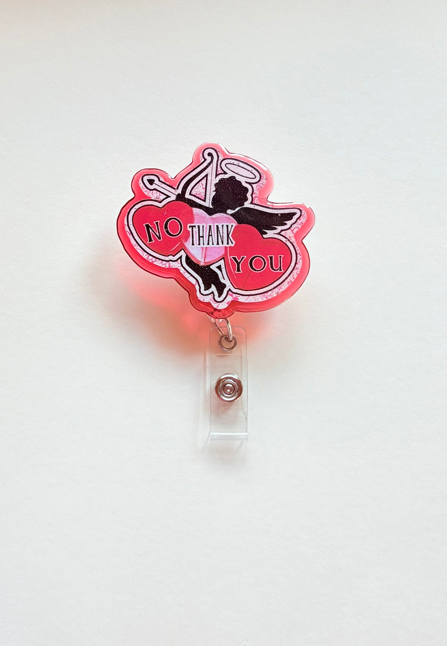 No Thank You Cupid Badge Reel – Funny Anti-Valentine’s Day Retractable ID Holder