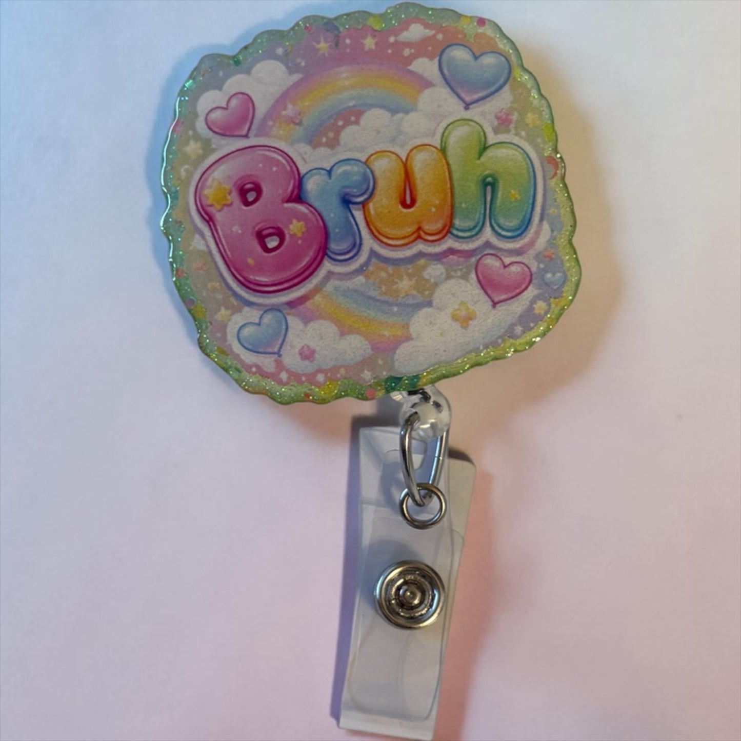 Pastel “Bruh” Rainbow Badge Reel – Cute Cloud & Heart Design
