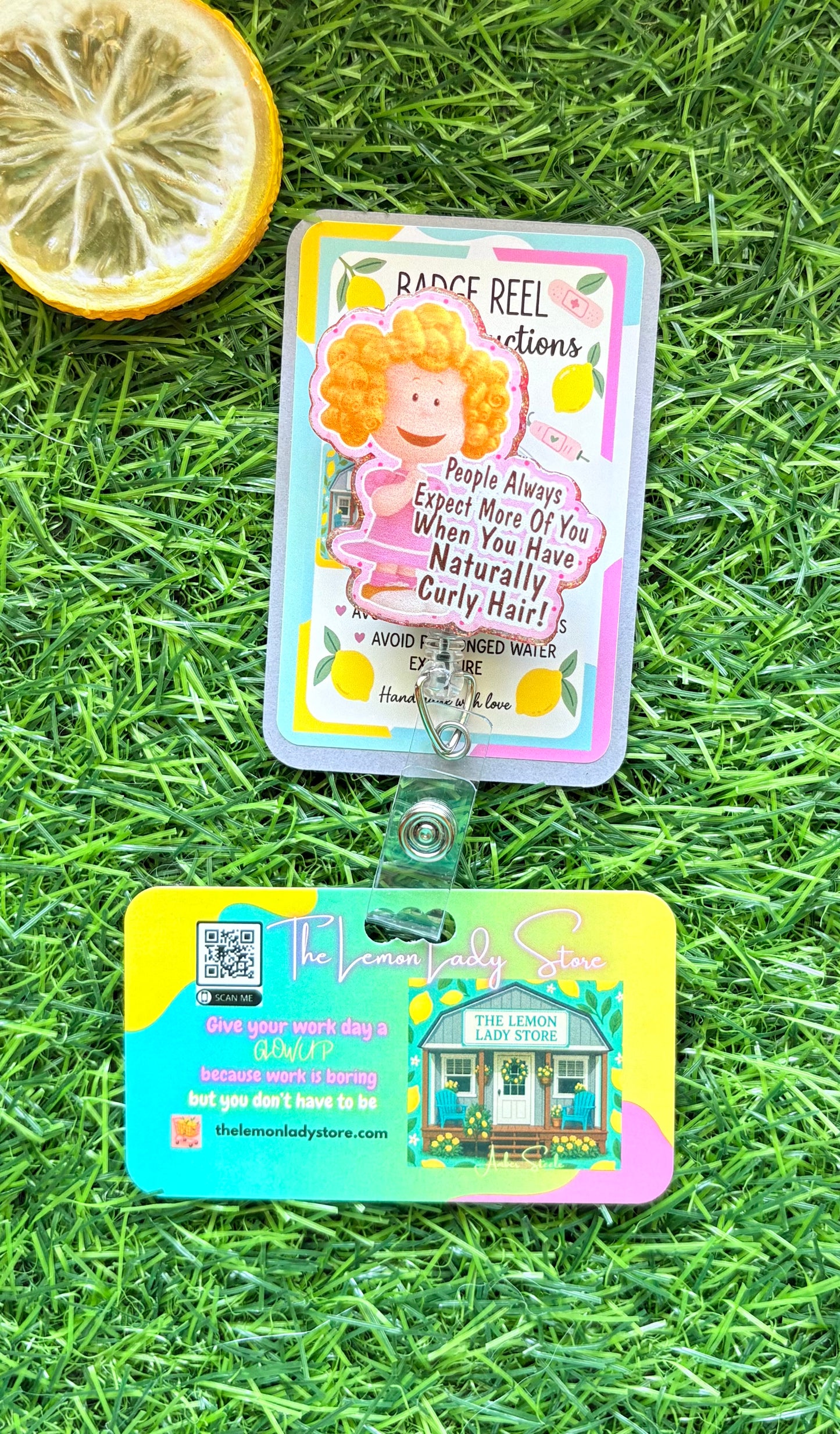 Curly Hair Humor Badge Reel – Cute Retractable ID Holder for Nurses & Professionals