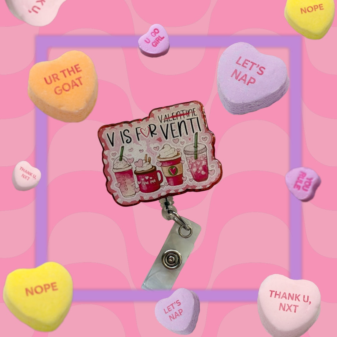 Valentine Coffee Badge Reel – “V is for Venti” Heart Latte ID Holder