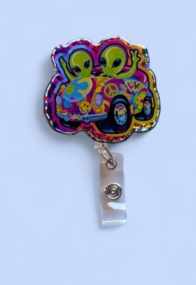 Groovy Alien Car Badge Reel – Funky Retro ID Holder | Nurse & Teacher Badge Clip