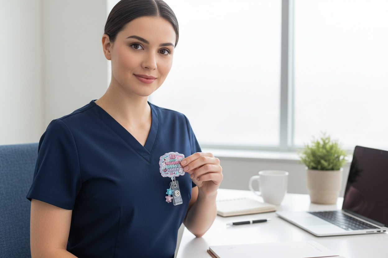 ID and Insurance Cards Please Badge Reel – Glitter Medical Receptionist Badge Holder | Cute Front Desk Office Accessory