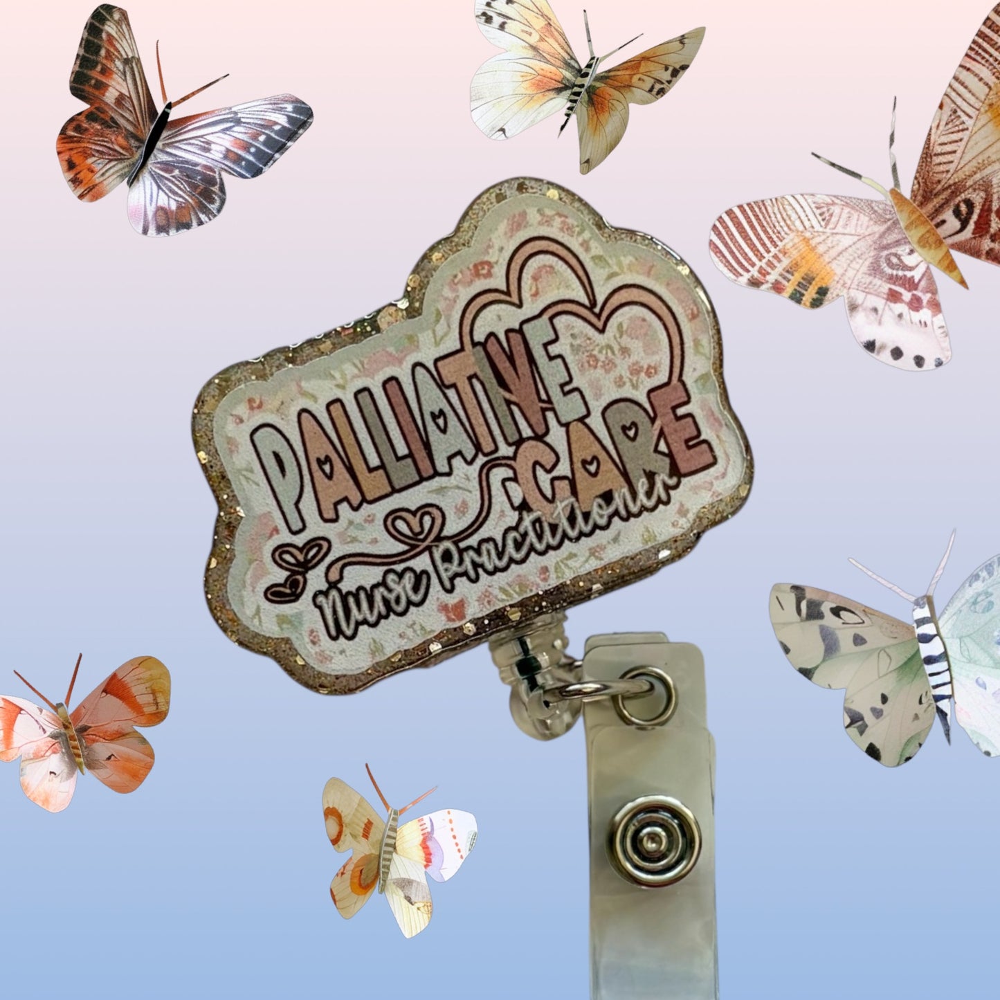 Palliative Care Nurse Practitioner Badge Reel – Floral Glitter ID Holder