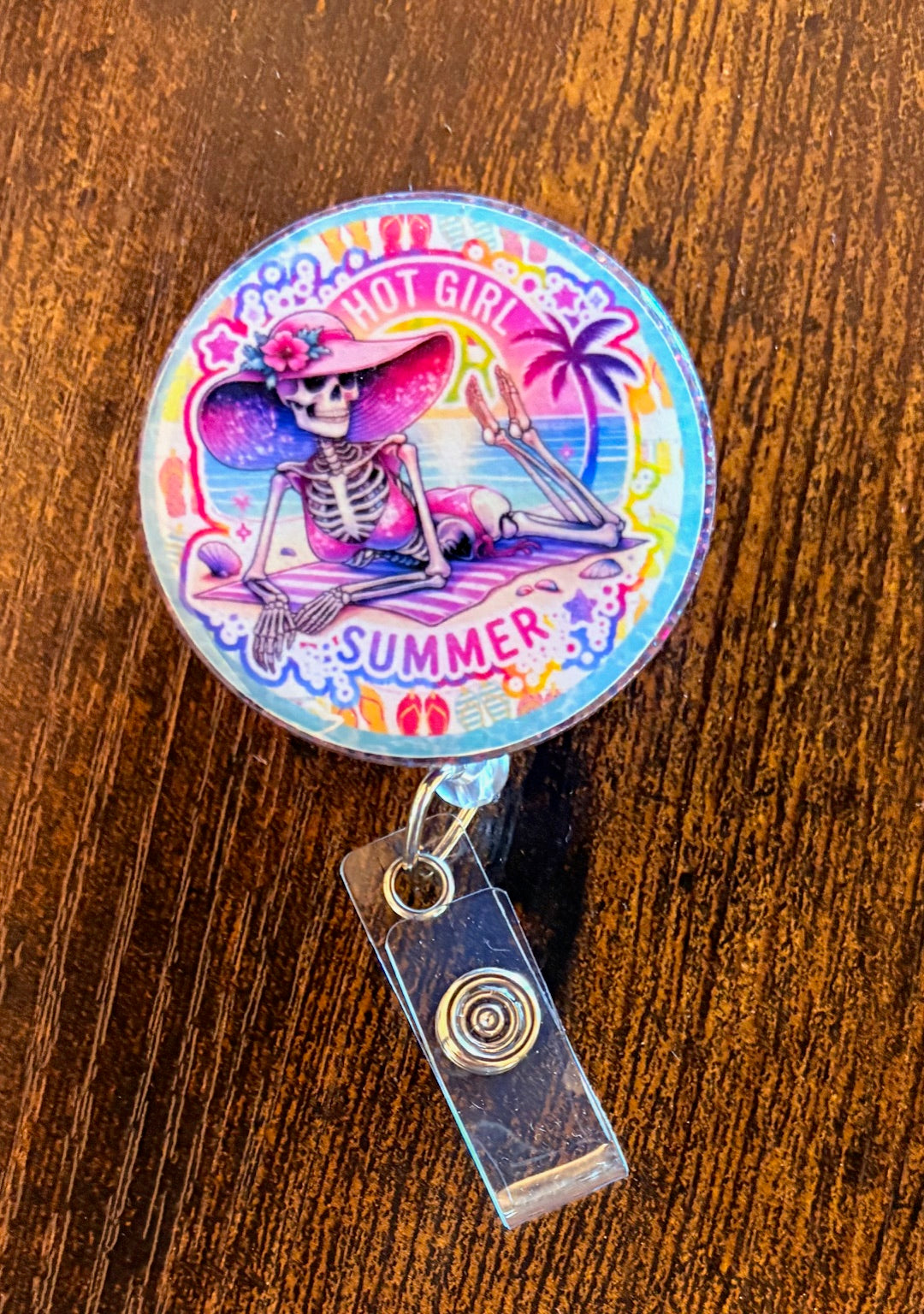 Hot Girl Summer Skeleton Badge Reel – Funny Retractable ID Holder with Beach Design