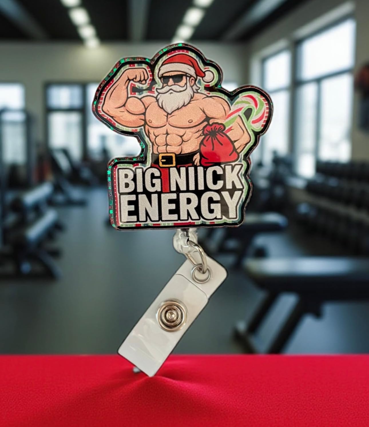 Funny Christmas Retractable ID Holder, Holiday Nurse Badge Reel, Santa Claus Muscles Novelty Gift