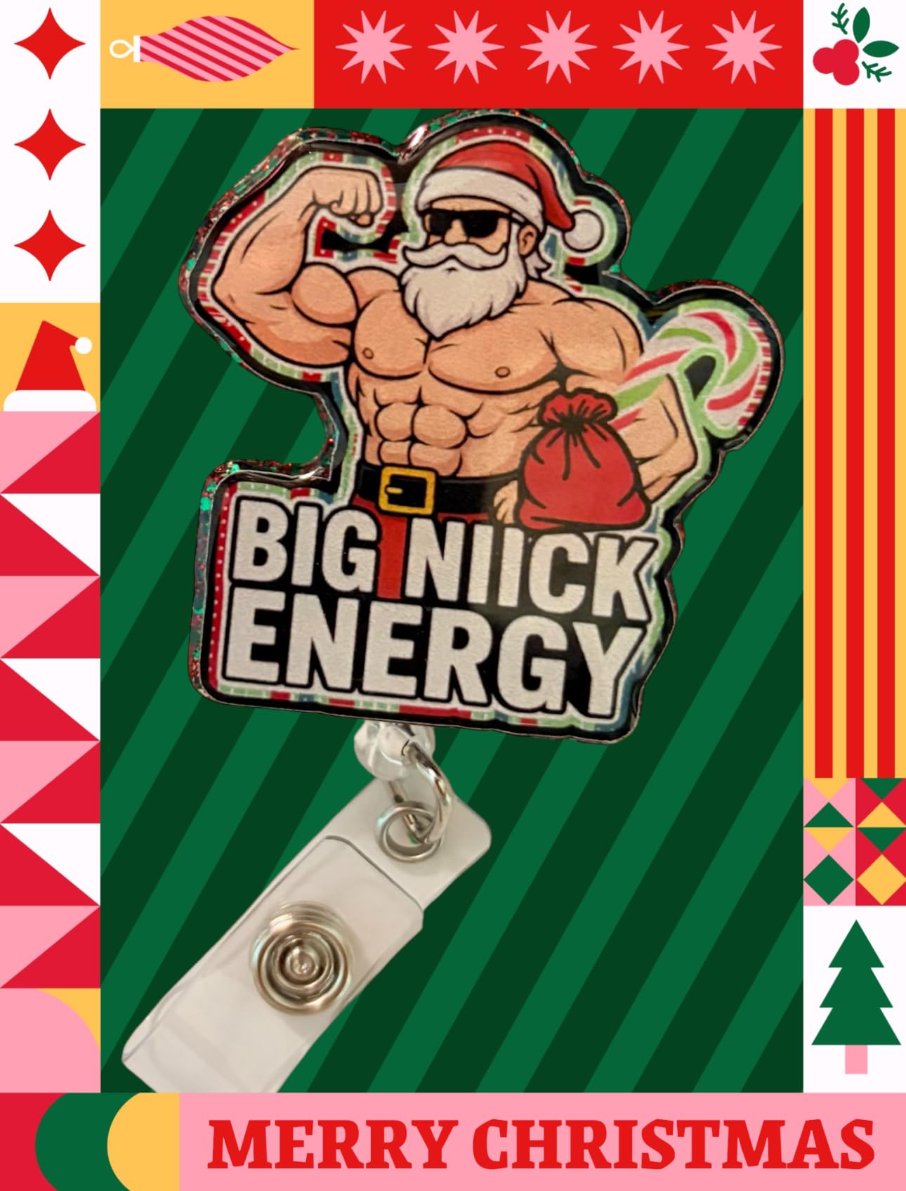 Funny Christmas Retractable ID Holder, Holiday Nurse Badge Reel, Santa Claus Muscles Novelty Gift