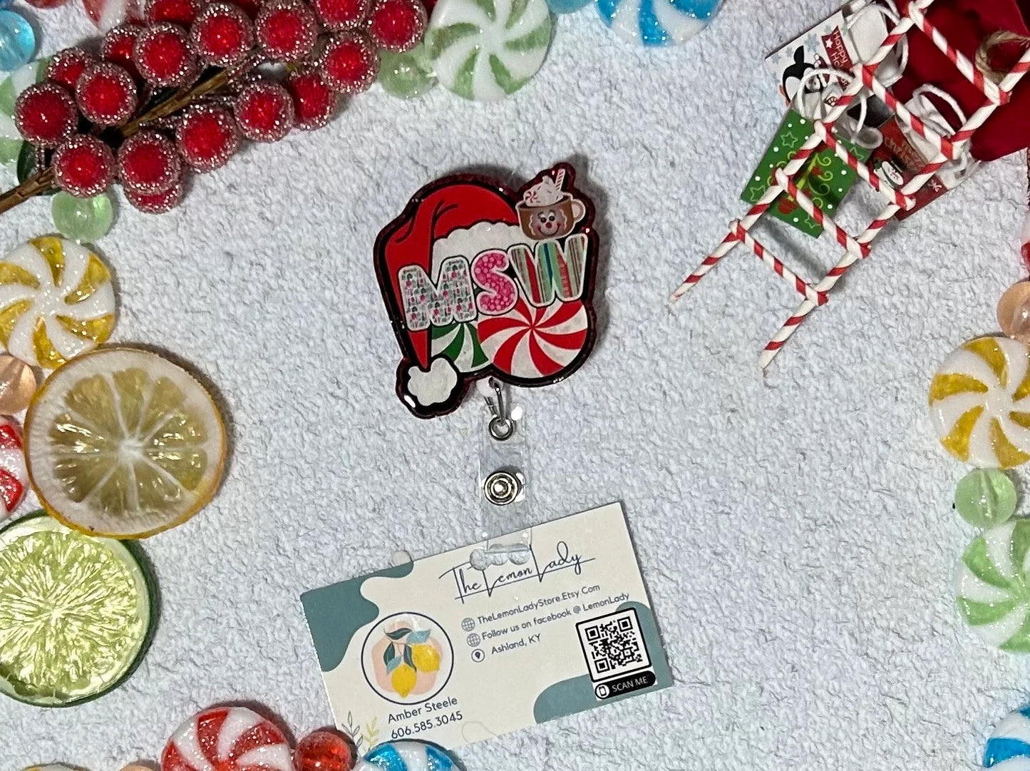 MSW Christmas Badge Reel | Holiday Social Worker ID Holder | Cute Peppermint Santa Clip | Medical Badge Reel Gift for MSW Grad