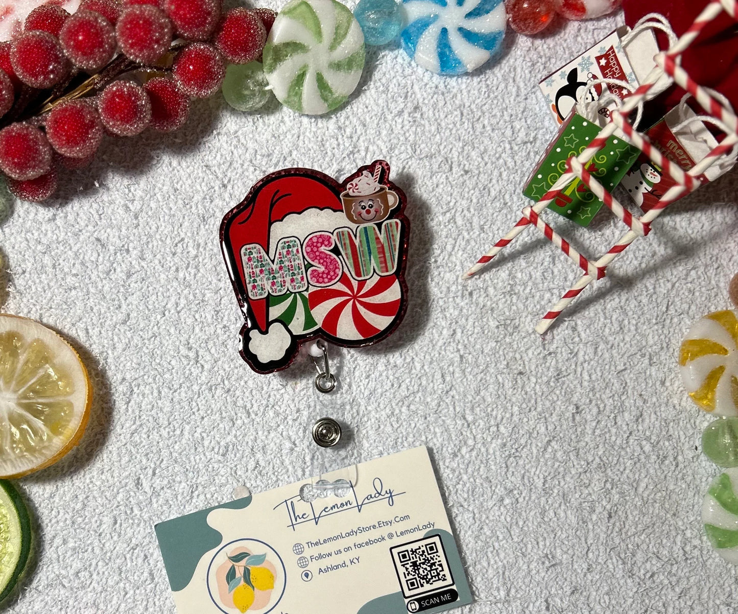 MSW Christmas Badge Reel | Holiday Social Worker ID Holder | Cute Peppermint Santa Clip | Medical Badge Reel Gift for MSW Grad