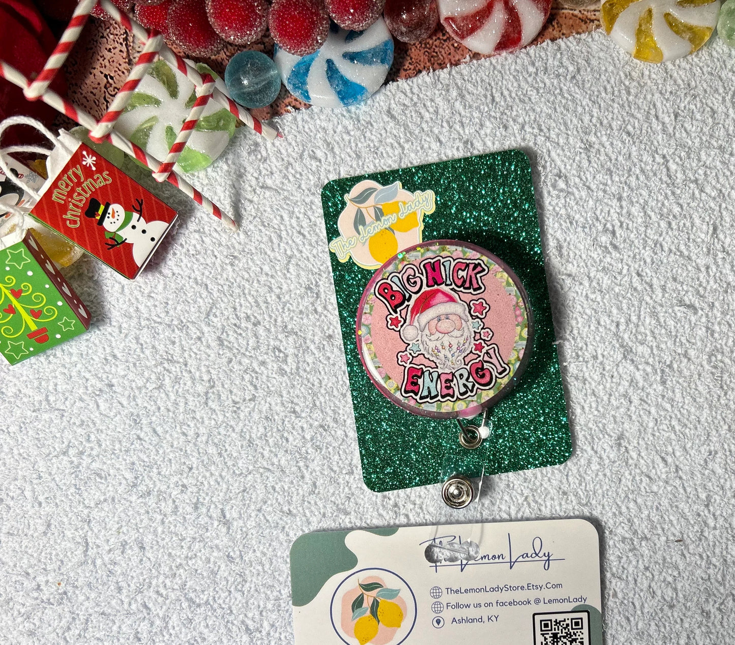 Funny Christmas Badge Reel – Big Nick Energy Badge, Naughty Santa Nurse Reel, Holiday Gift for Coworker, RN Gag Gift