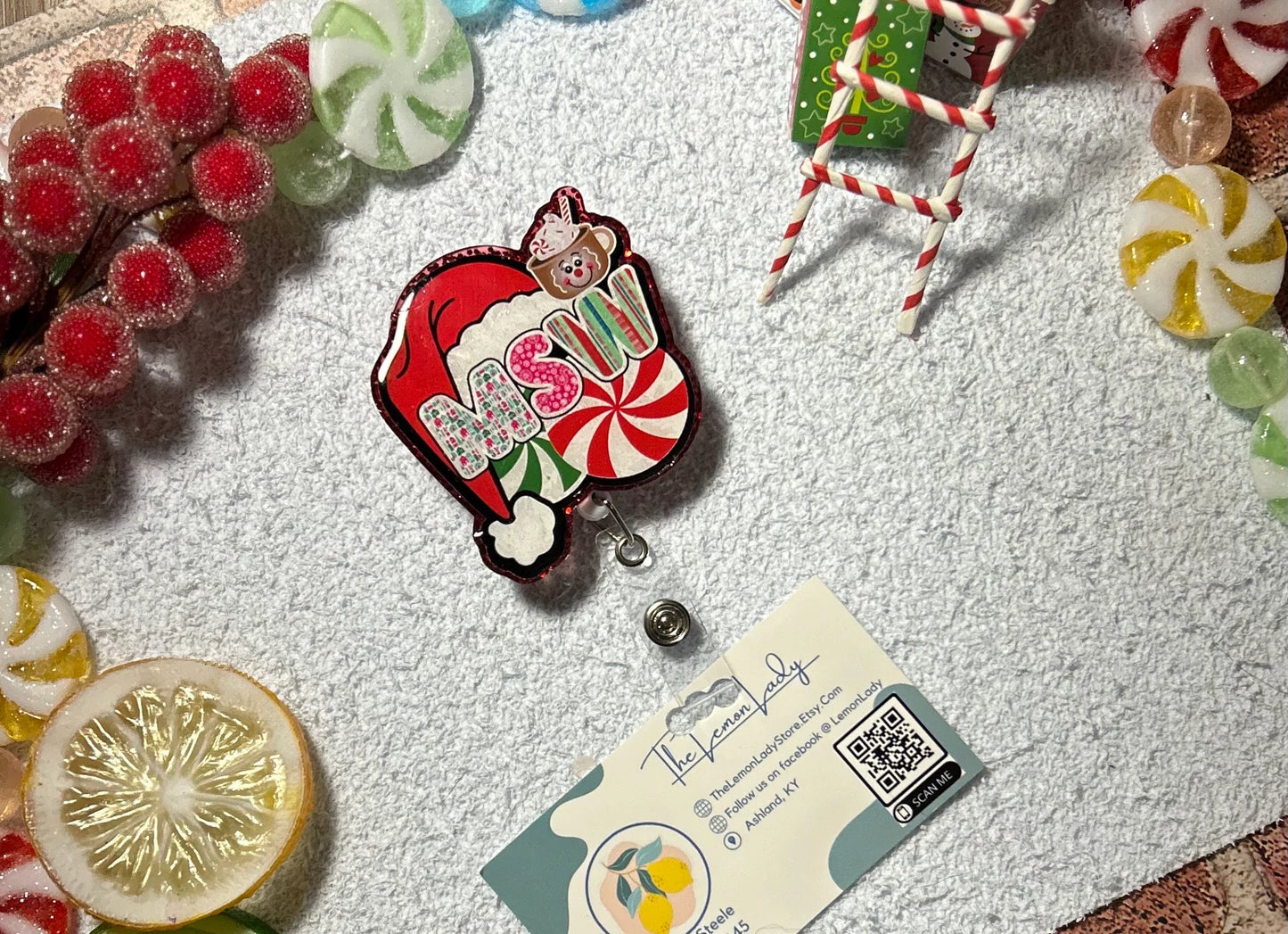 MSW Christmas Badge Reel | Holiday Social Worker ID Holder | Cute Peppermint Santa Clip | Medical Badge Reel Gift for MSW Grad