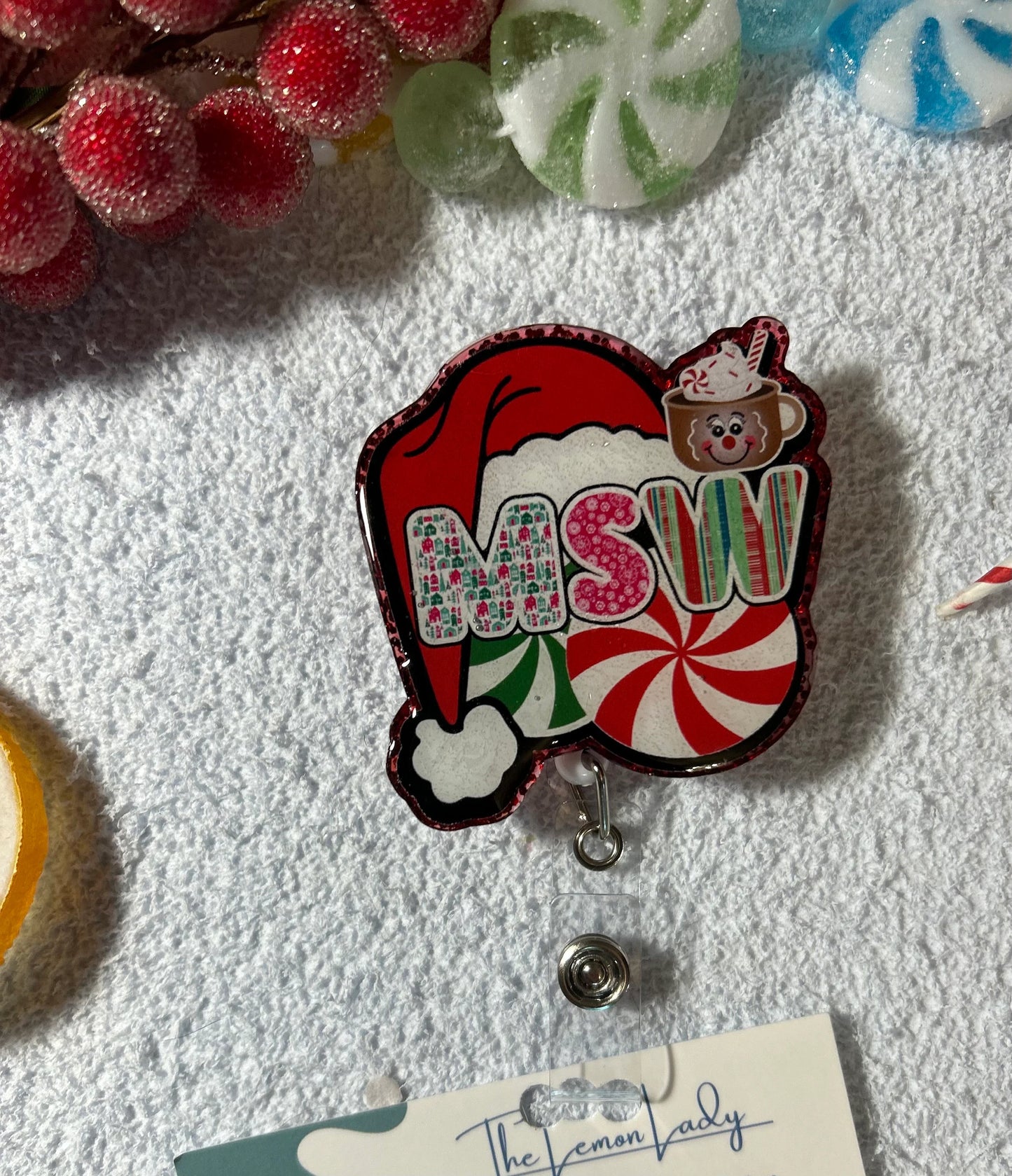 MSW Christmas Badge Reel | Holiday Social Worker ID Holder | Cute Peppermint Santa Clip | Medical Badge Reel Gift for MSW Grad