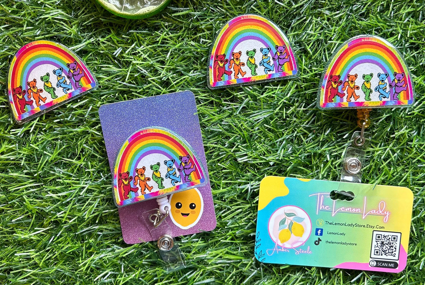 Dancing Bears Badge Reel, Rainbow Nurse ID Clip, Hippie Badge Holder, Cute Medical Accessory