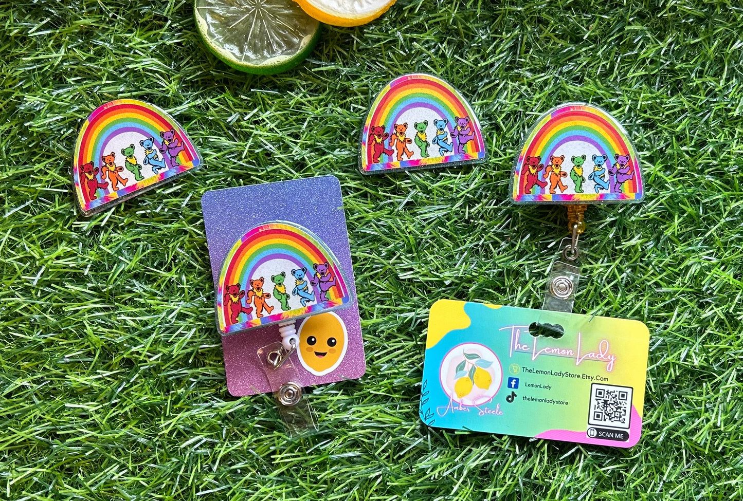 Dancing Bears Badge Reel, Rainbow Nurse ID Clip, Hippie Badge Holder, Cute Medical Accessory