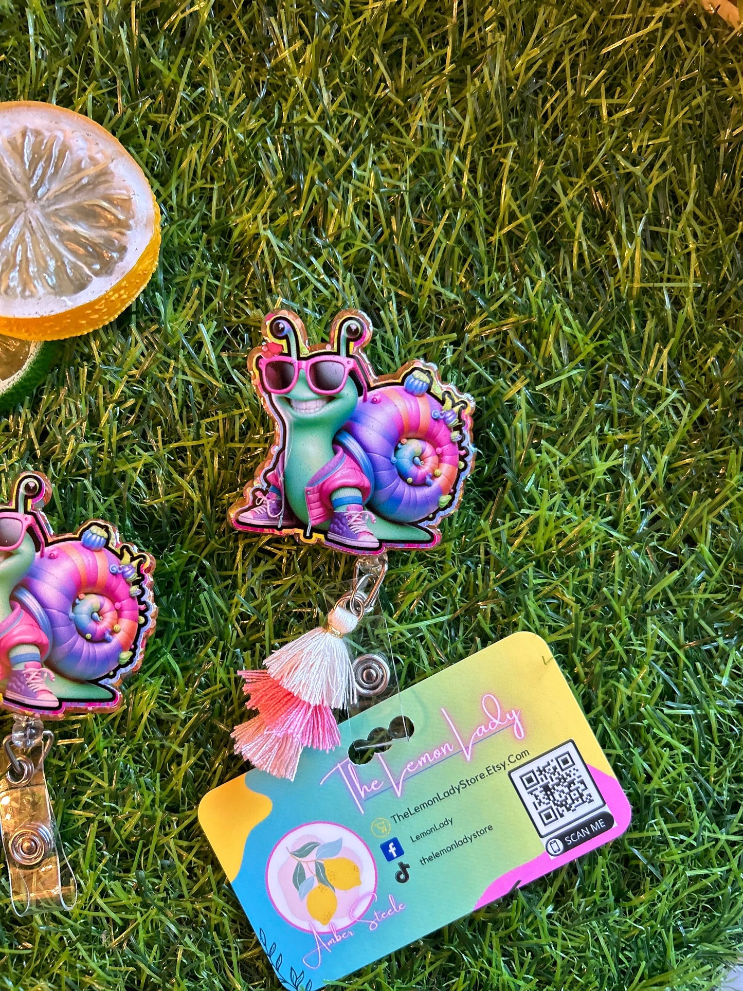 Cool Snail Badge Reel – Funny Colorful Retractable ID Holder with Sunglasses Snail Design