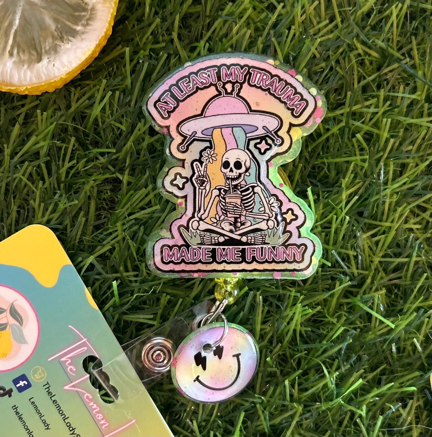 Trauma Nurse Badge Reel – “At Least My Trauma Made Me Funny” ID Clip, Skeleton Nurse Badge Holder, ER RN Humor Gift