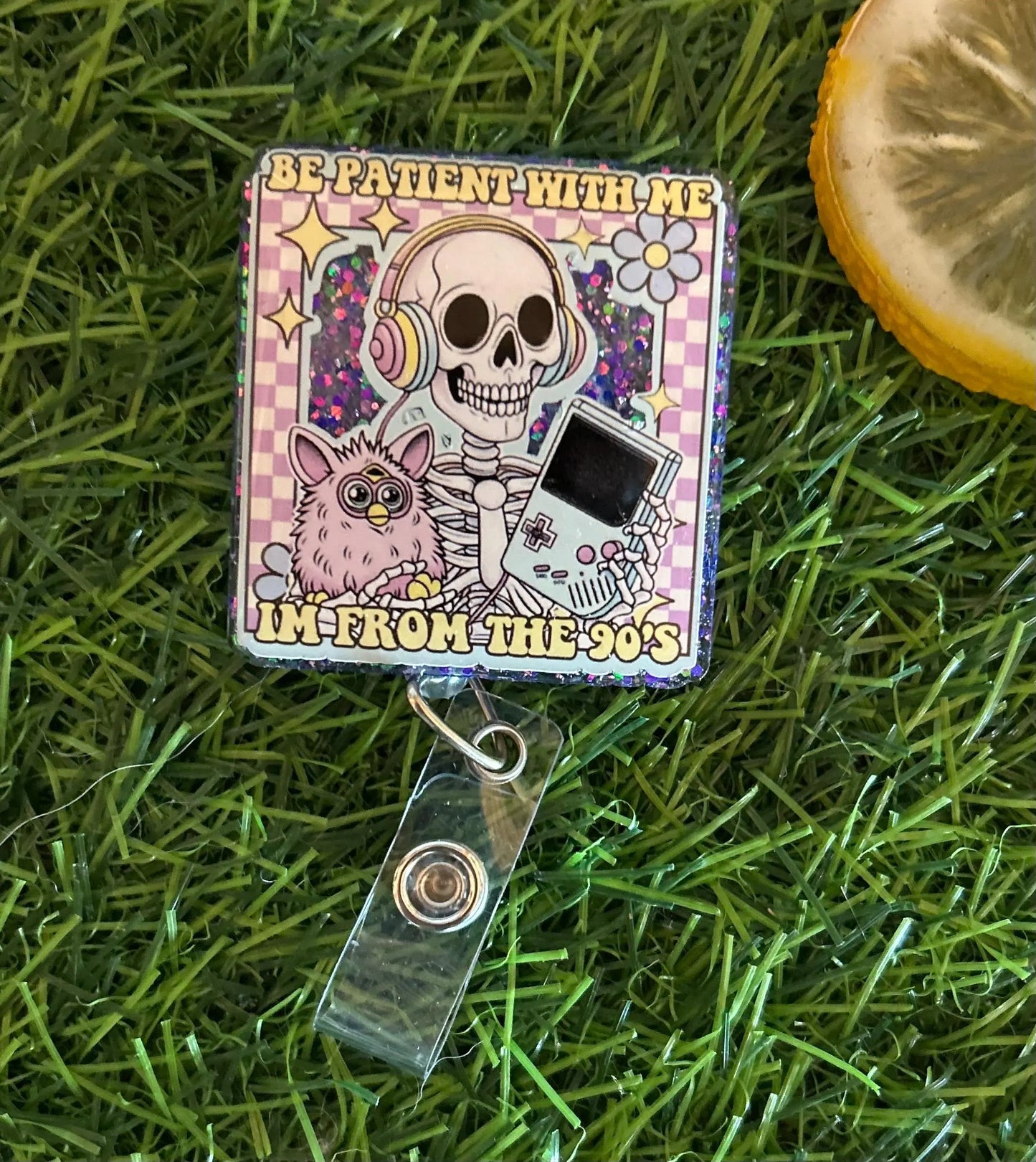 90s Nostalgia Badge Reel – “Be Patient With Me, I’m From the 90s” Funny Skeleton ID Clip | Retro Nurse or ER Badge Holder