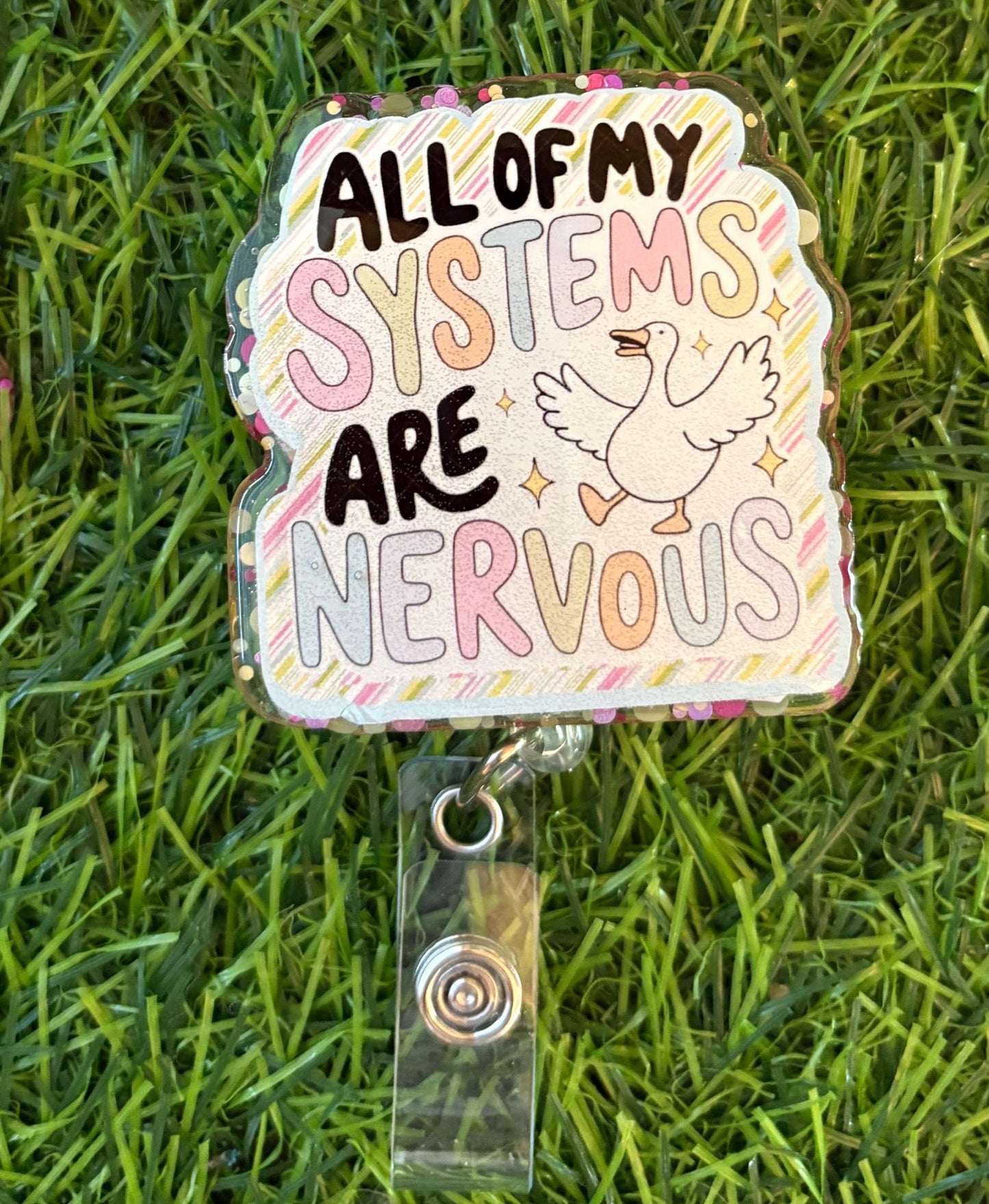 Funny Nurse Badge Reel – “All My Systems Are Nervous” Anxiety Clip, Medical Humor ID Holder for ER, ICU, or Students