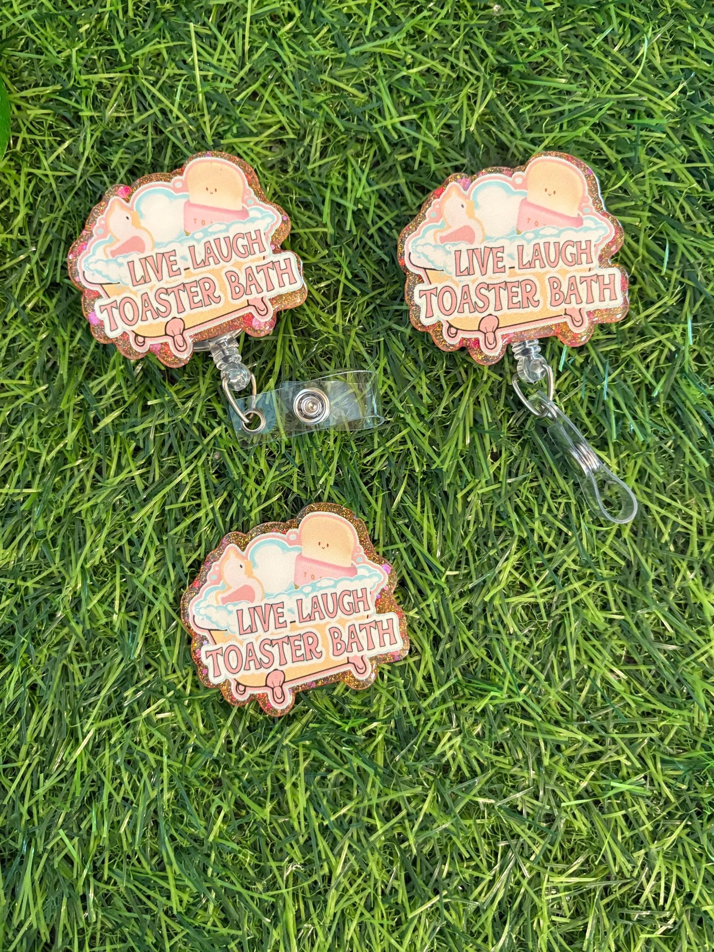 Toaster bath badge reel, Funny Dark Humor Badge ID Holder, Handmade Acrylic Badge Reel Holder, live laugh toaster bath