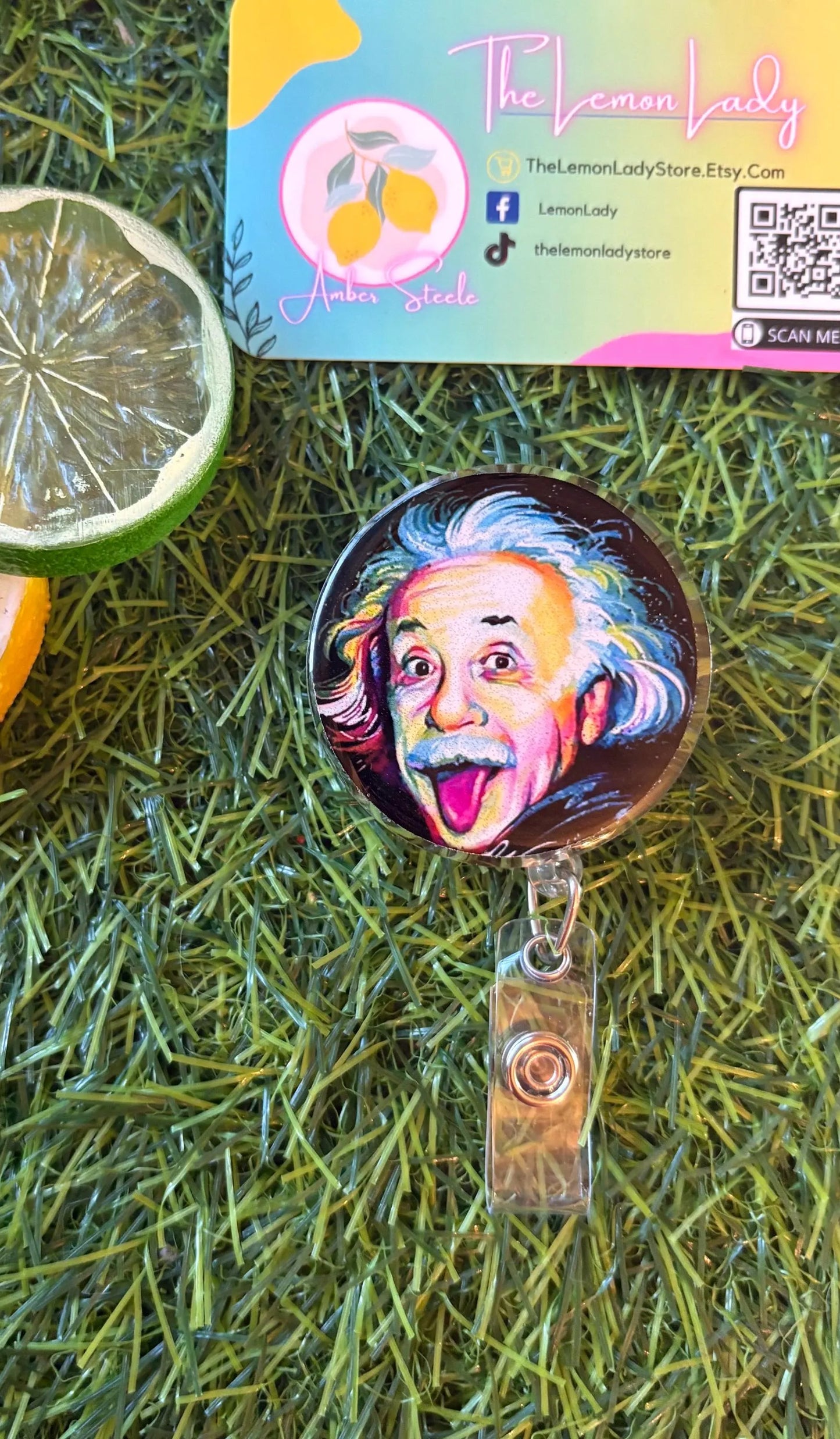 Einstein Tongue Out Badge Reel – Funny ID Holder, Science Teacher Gift, Retractable Name Tag, Nerdy Lanyard Accessory