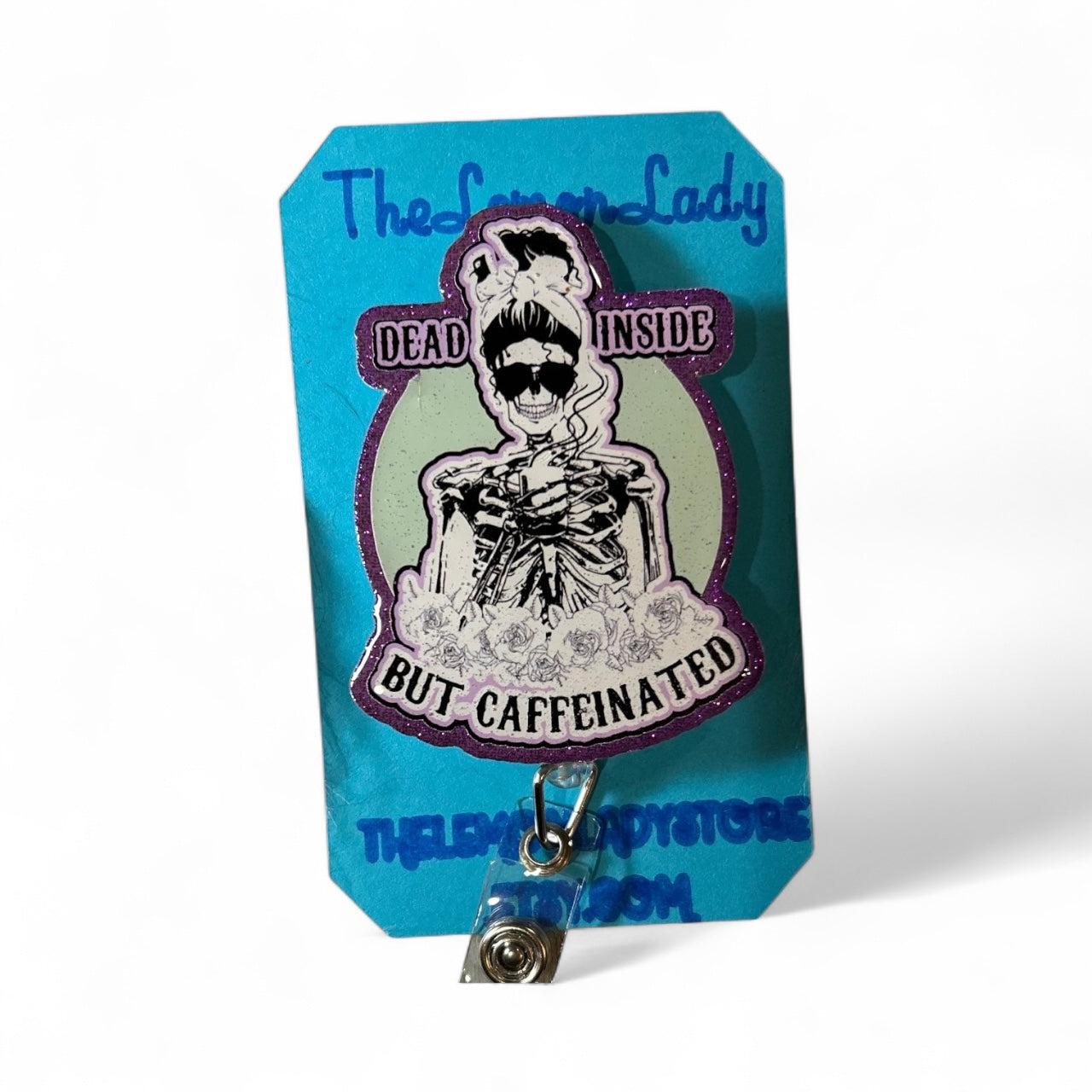 Dead Inside but Caffeinated Badge Reel – Funny Nurse ID Clip | Coffee Lover Work Badge | Caffeine Addict Gift for Healthcare & Office Staff