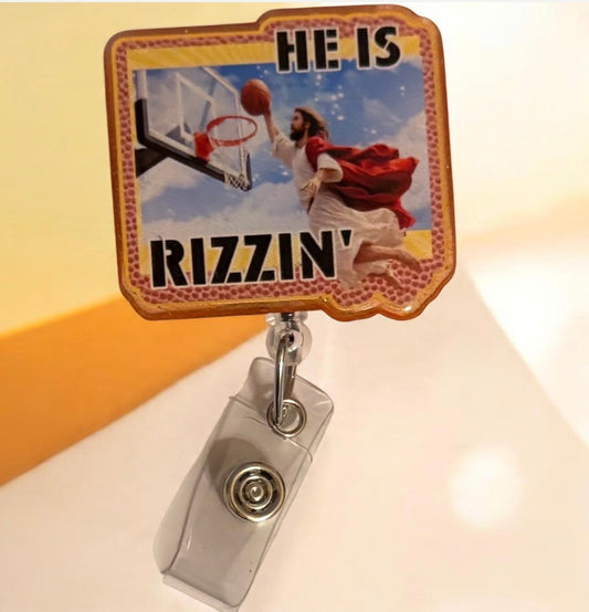 He Is Rizzin’ Funny Easter Badge Reel – Jesus Basketball Dunk Badge Holder, Christian Humor Retractable ID Badge Reel