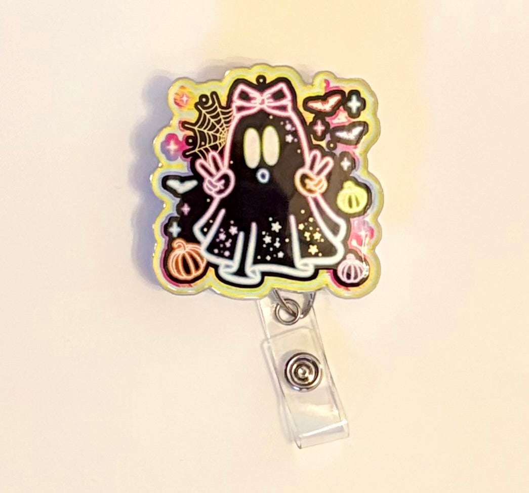 Cute Ghost Badge Reel – Holographic Halloween ID Holder with Bow & Pumpkins