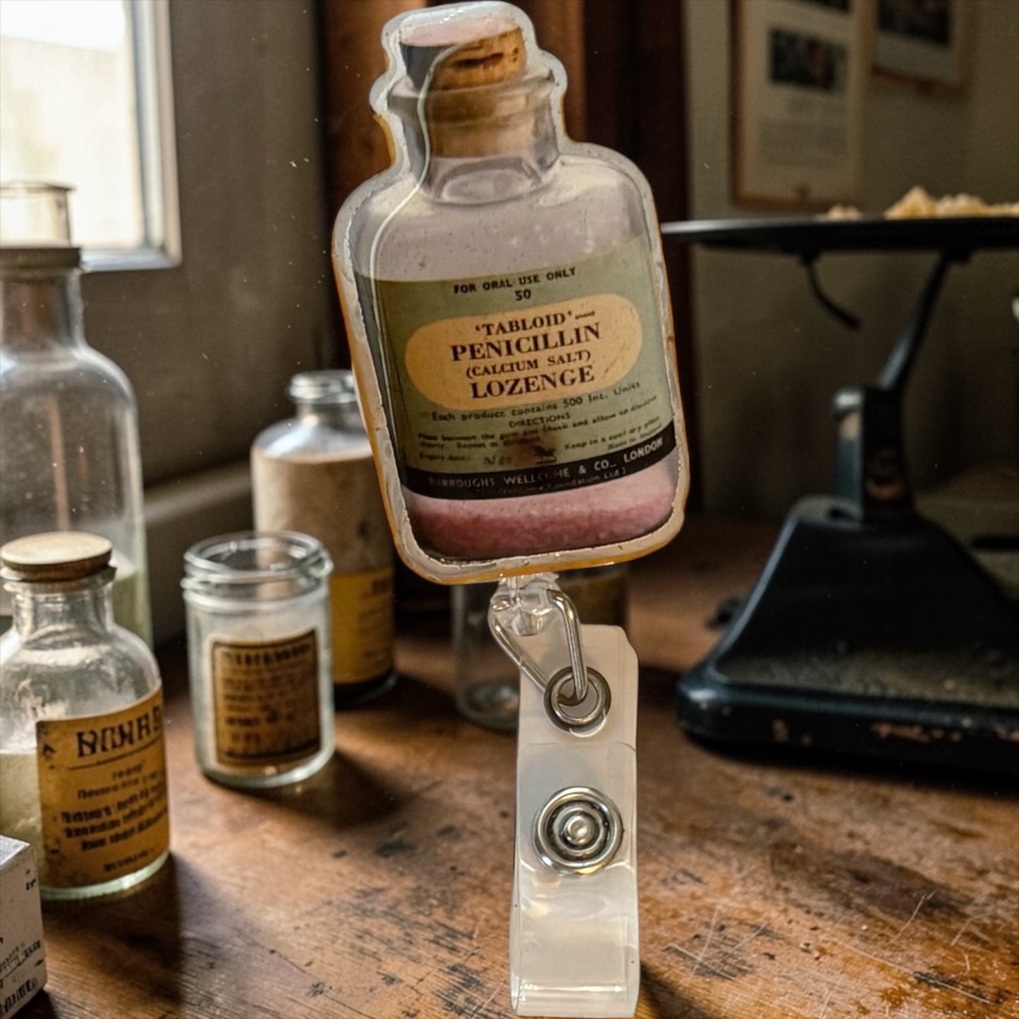 Vintage Apothecary Bottle Badge Reel | Retro Medical Badge Holder | Pharmacy & Nurse Badge Clip me